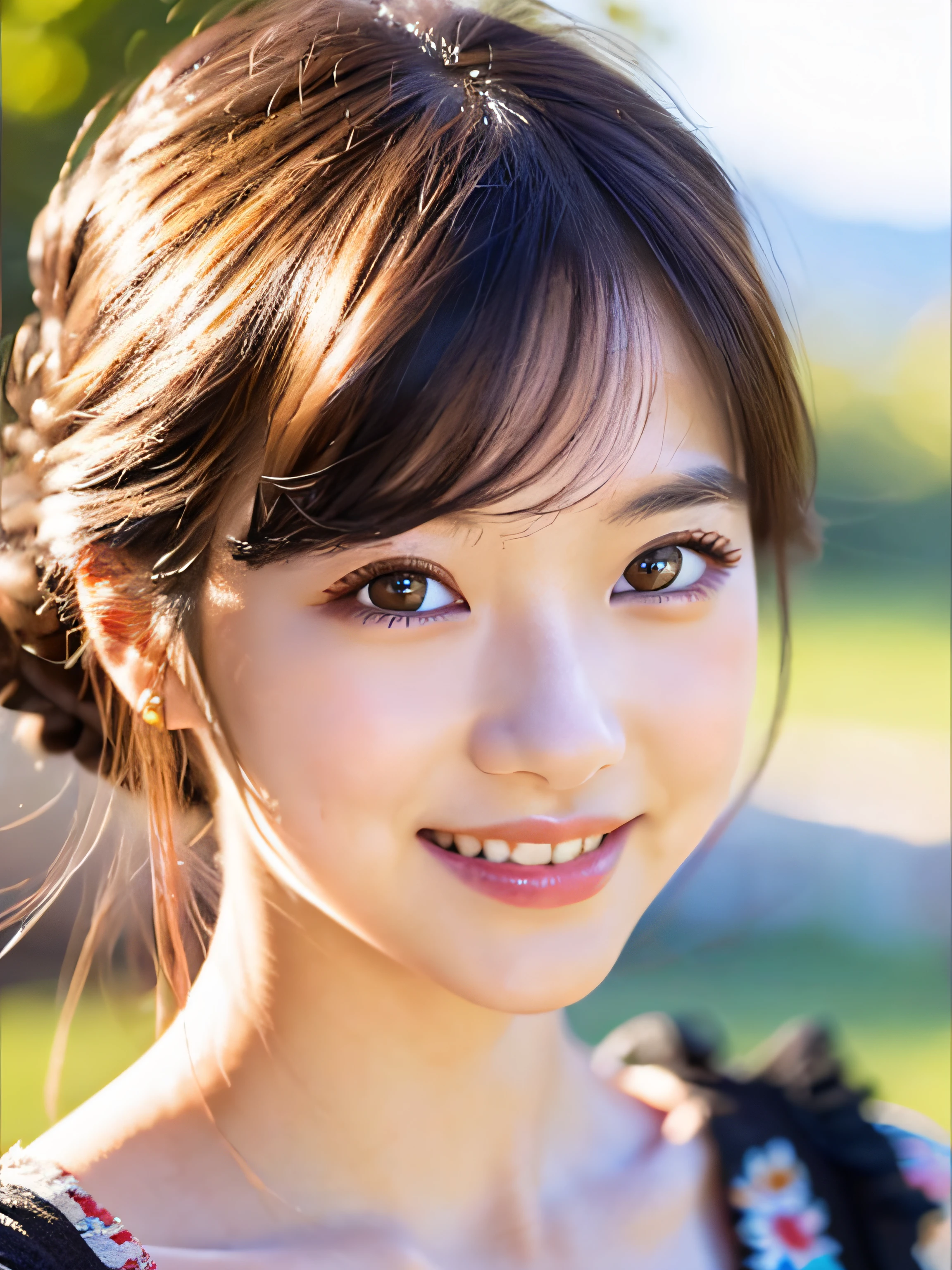 masutepiece, Best Quality, masutepiece, Godlike quality, Godlike art, Highly detailed face, Highly realistic, Cute, Young Girl, Smiling, Big eyes, long eyelashes, multicolored hair, multicolored eyes, Shiny skin, Full lips, Big lips, Shiny skin, Blushing, Magnificent view