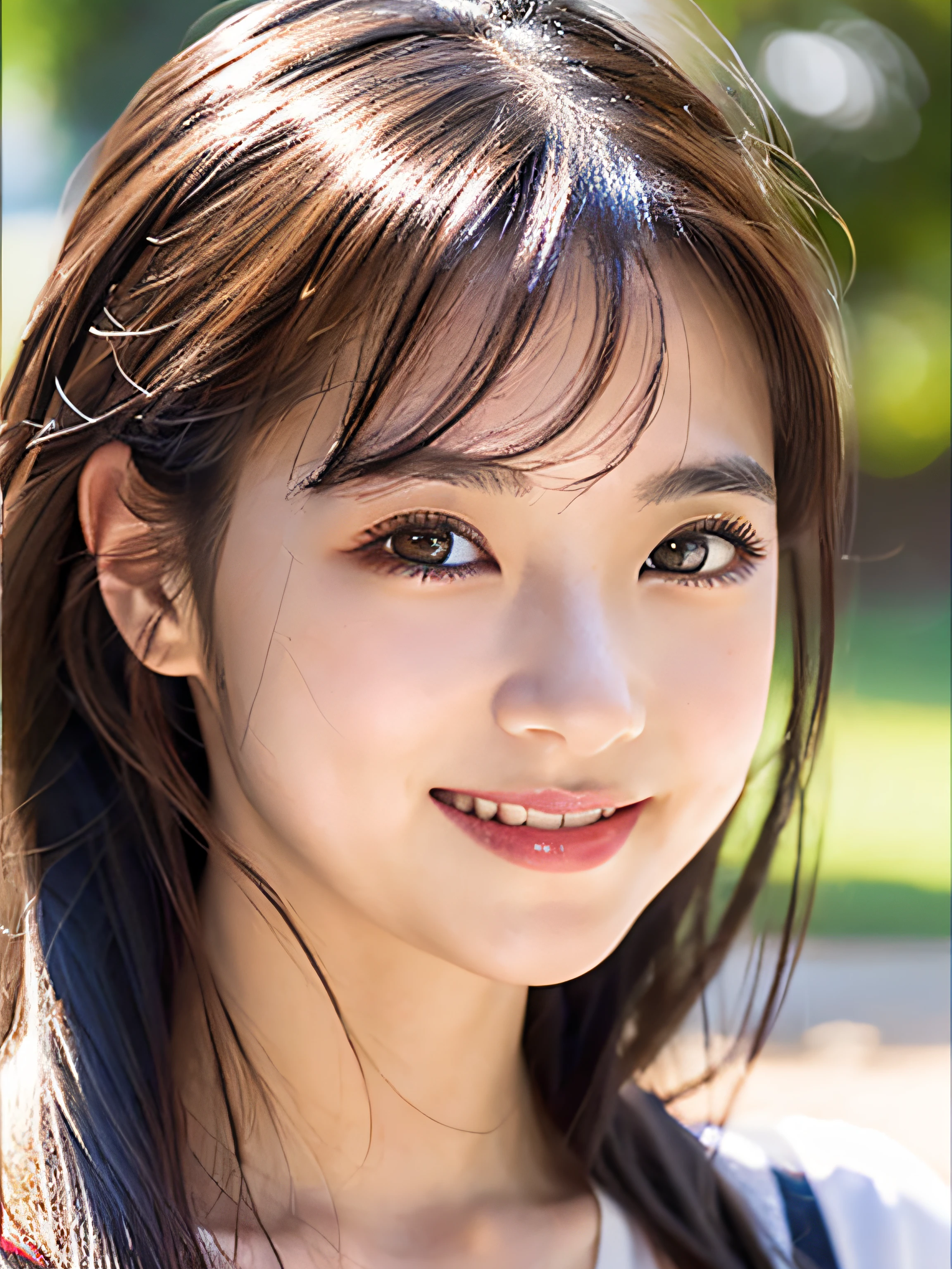 masutepiece, Best Quality, masutepiece, Godlike quality, Godlike art, Highly detailed face, Highly realistic, Cute, Young Girl, Smiling, Big eyes, long eyelashes, multicolored hair, multicolored eyes, Shiny skin, Full lips, Big lips, Shiny skin, Blushing, Magnificent view