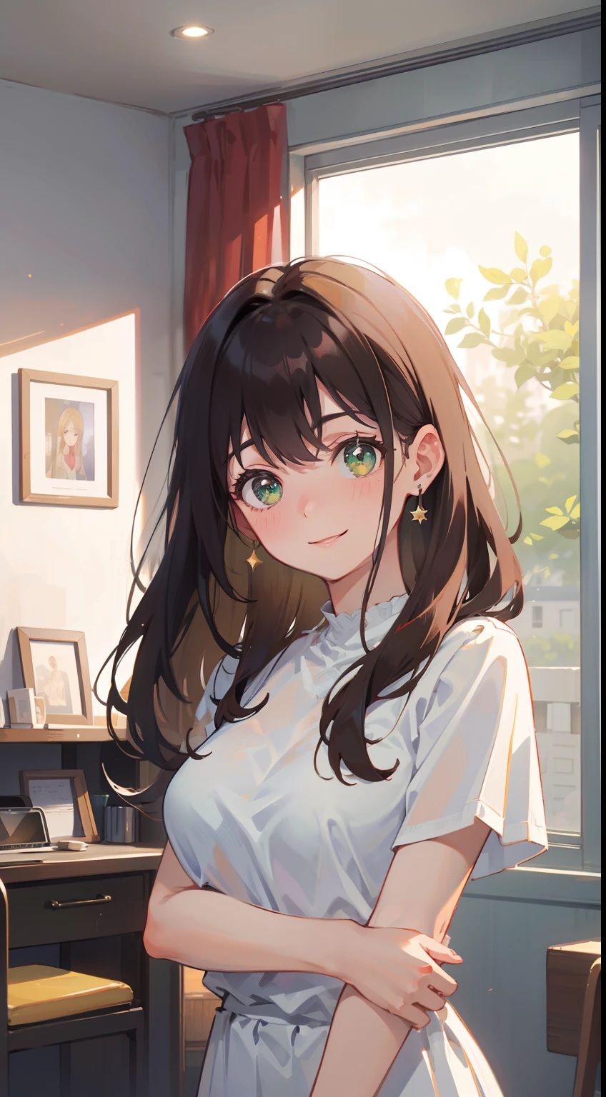 (masterpiece), (portrait), (aesthetic), (beautiful), (upper blody), (high quality), (aesthetic clothings), (professional angle), (rule of thirds), (Feminine), (woman), (female), (beautiful),(feminine features), (21 years), solo, 1 woman, (attractive Japanese), Spring, (Falling Cherry Blossoms), (Evening), (Soft light), ((Lip Rounding)), (Resting on a Desk Hands), ((Looking towards the Camera Face)), ((flushed)), (Light and Fresh Make-up), (Moderate Bust), (Dainty Hairpin), ((Medium Length Hair)), (Dark Brown Hair), (Straight Hair), (Loose Waves hair), (Floral Hair Clip in Hair), (Half Open Eyes), (Emerald Green Eyes), (Cute Look), Fair skin, (Subtle Embroidery Clothing), (Flowy Blouse), (-), (A-line Skirt ), (Sweetheart Neckline), ((Classroom background)), (Close-Up Shot),