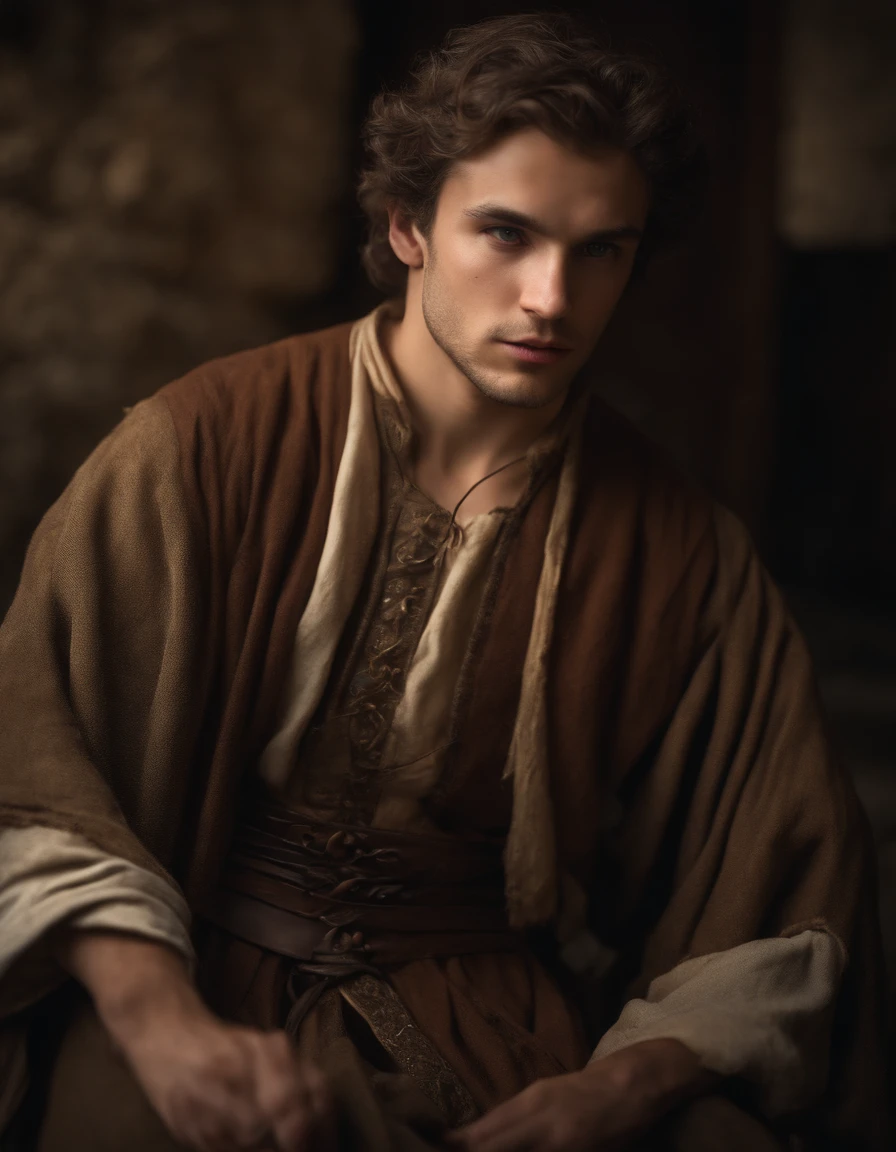 cinematic portrait, upper-body, s face, face facing audience, (Reality :1.3), One of the most beautiful works of art in the world, Young guy looking at the camera, Medieval costumes, (Old clothes are damaged and weathered; :1.4), detailed beautiful face, Action Shooting, Prehistory of the ancient city, Realistic photos, computer graphics, Art Station