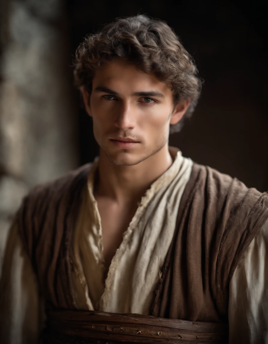 cinematic portrait, upper-body, s face, face facing audience, (Reality :1.3), One of the most beautiful works of art in the world, Young guy looking at the camera, Medieval costumes, (Old clothes are damaged and weathered; :1.4), detailed beautiful face, Action Shooting, Prehistory of the ancient city, Realistic photos, computer graphics, Art Station