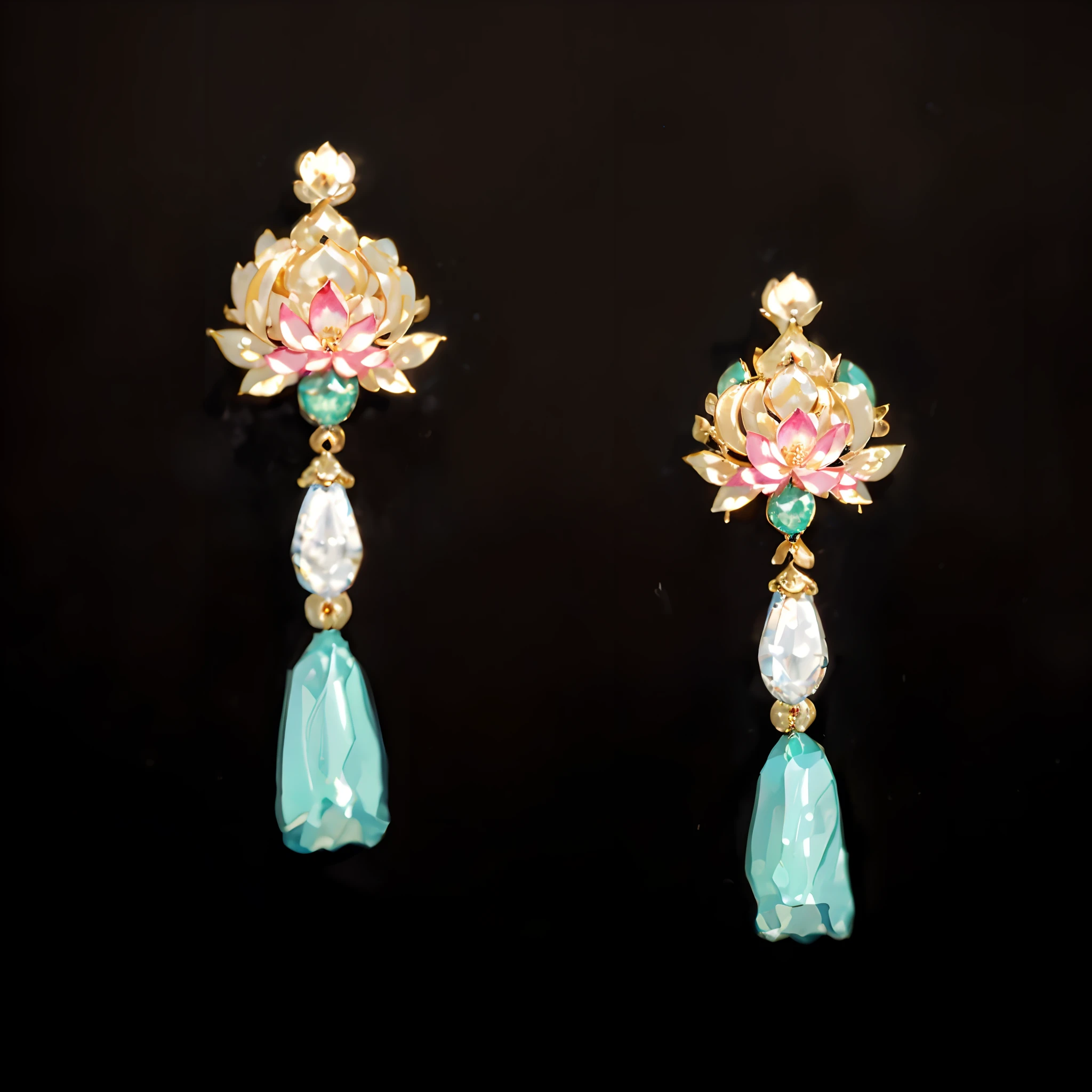 ultraclear,Superb details,Ultimate detail,Exquisite jewelry,Close up of gemstones and flowers, Delicate and ornate enthronement earrings, Gorgeous earrings, Gorgeous earrings, Ultra-realistic fantasy earrings, Gorgeous earrings Delicate jewelry earrings, ancient chinese ornate, The earrings are of high quality, Qing dynasty, Gorgeous metallic gold earrings,Pair it with beautifully decorated earrings