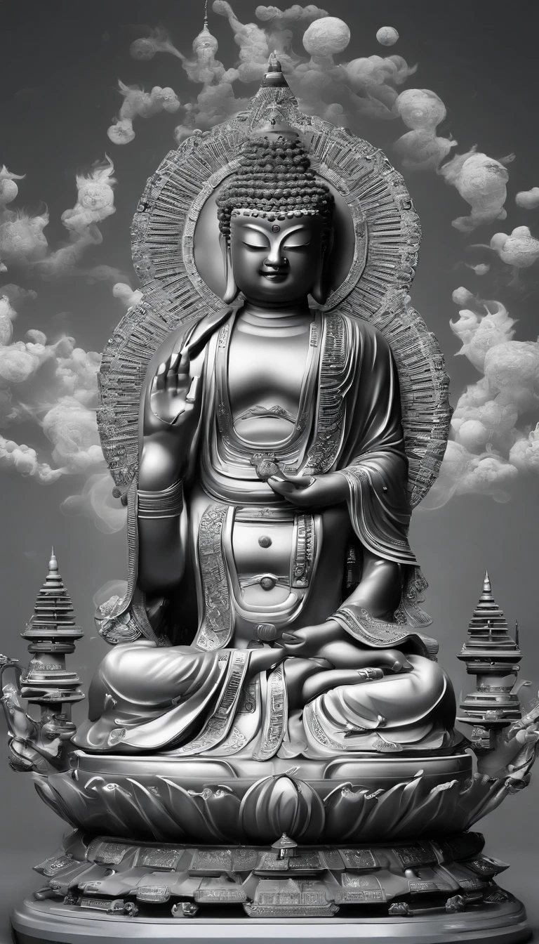 china style,in the universe, A huge Maitreya Buddha statue stands in space,Staring at the Earth,Standing Buddha,with light glowing,glow effect,Pilgrims on the road,Hyper-realistic,Ultra photo realsisim,Real Photographics,8K,High Definition,high quarity,Works of masters,super-fine,Chinese black and white ink style,(((white colors))),decolorization,Smudge,inky,8K,super-fine,high quarity,(((OC Renderer)))