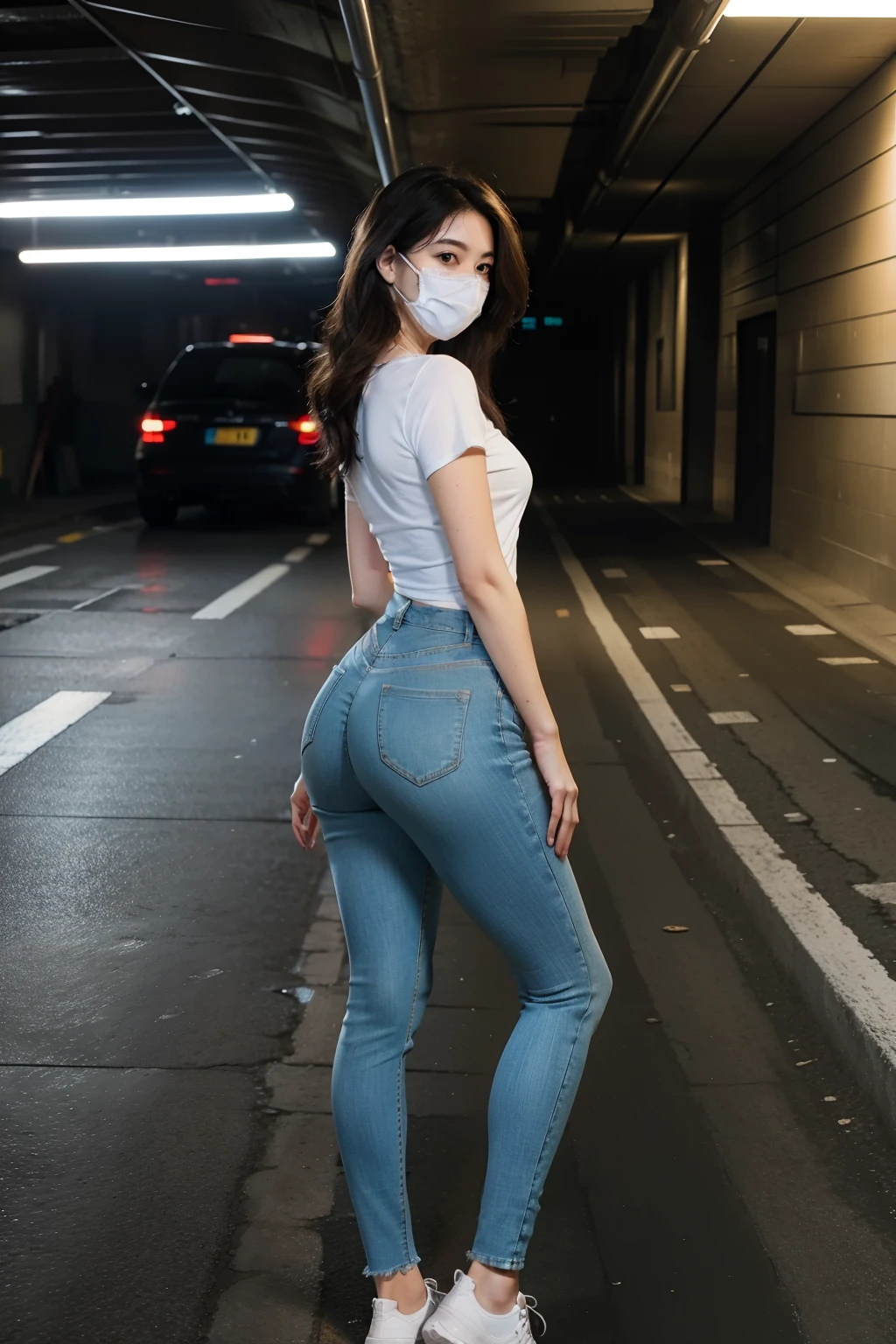 Beautiful woman in skinny jeans，tee shirt，Plump buttocks，The back is charming，wearing face mask，In the underground garage，Full body photo，Stand in the corner farthest from the lens，It's tiny