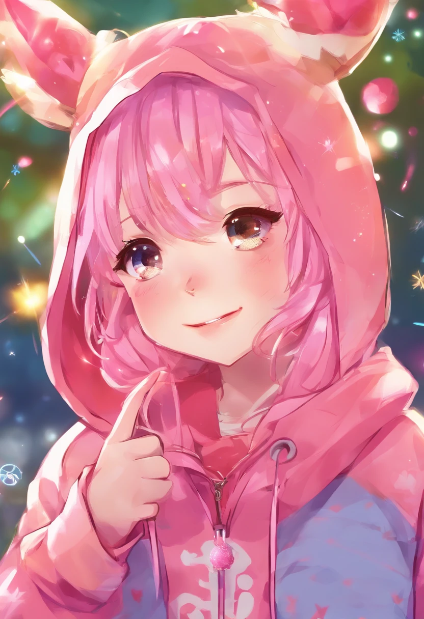 Anime girl with pink hoodie and fireworks background, anime style 4 k, nightcore, Cute anime girl, anime art wallpaper 4k, anime art wallpaper 4k, splash art anime loli, anime wallaper, Cute art style, anime style illustration, sparklers, [ Fireworks in the sky ]!!, Anime style. 8K, (Anime Girl)