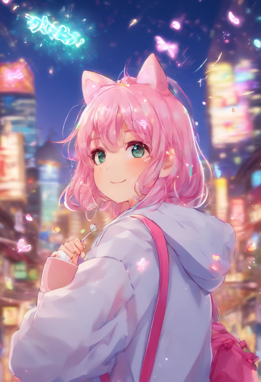 Anime girl with pink hoodie and fireworks background, anime style 4 k, nightcore, Cute anime girl, anime art wallpaper 4k, anime art wallpaper 4k, splash art anime loli, anime wallaper, Cute art style, anime style illustration, sparklers, [ Fireworks in the sky ]!!, Anime style. 8K, (Anime Girl)