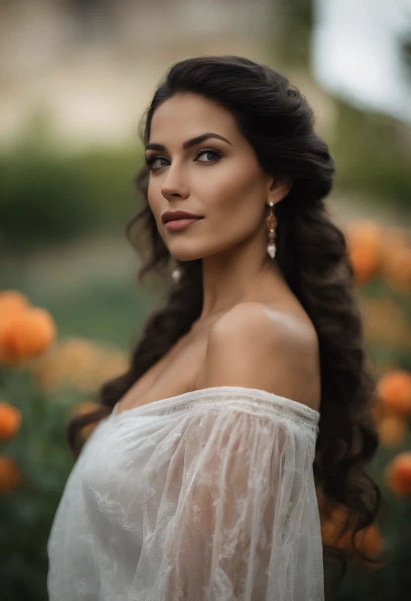 Realistic Photography, (((Naked))), (((33 years old))), (((Large natural breasts are revealed))), (((Top-down first-person view))), Gorgeous, ONE-Young-Russian-Woman, (((gorgeous-dark-black-extra-long-straight-ponytail-hair))), Sitting on the grass in a full garden with roses, tulips and exotic flowers, (((Smooth skin))), (((gorgeous body))), eyes with blue color