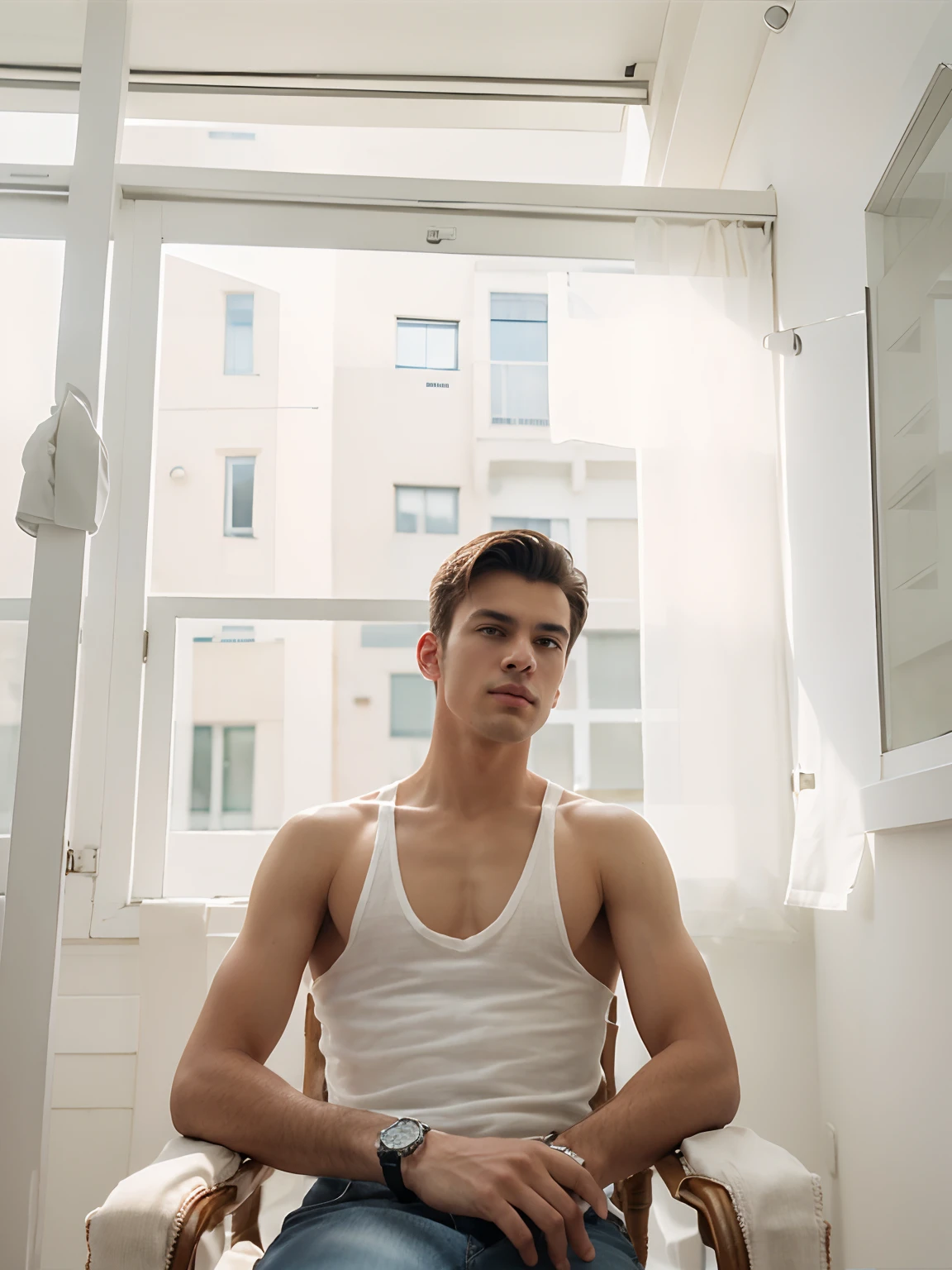 a close up of a boy sitting on a chair with his shirt off, twink, ripped, shirtless, 18 years old, gorgeous young model, model with attractive body, mid-shot of a hunky, tommy 1 6 , thin young male, prefect body, male model, masculine pose, non binary model, perfect and proportional body, very fit body with abs, face in shadow