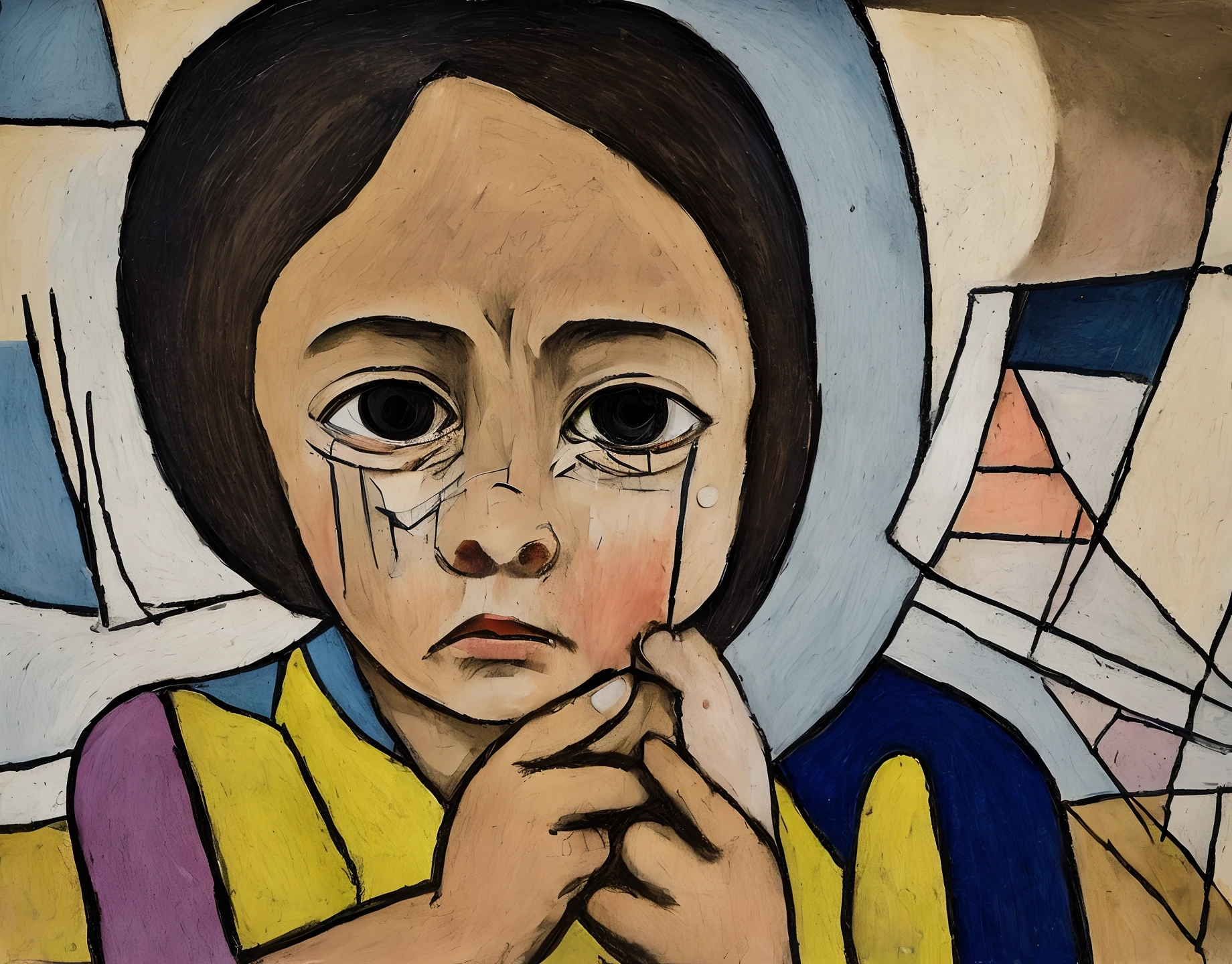 Make me a work of analytic cubism in which you can see a Jewish or Palestinian child crying
That it is very well distinguished and has dark tones