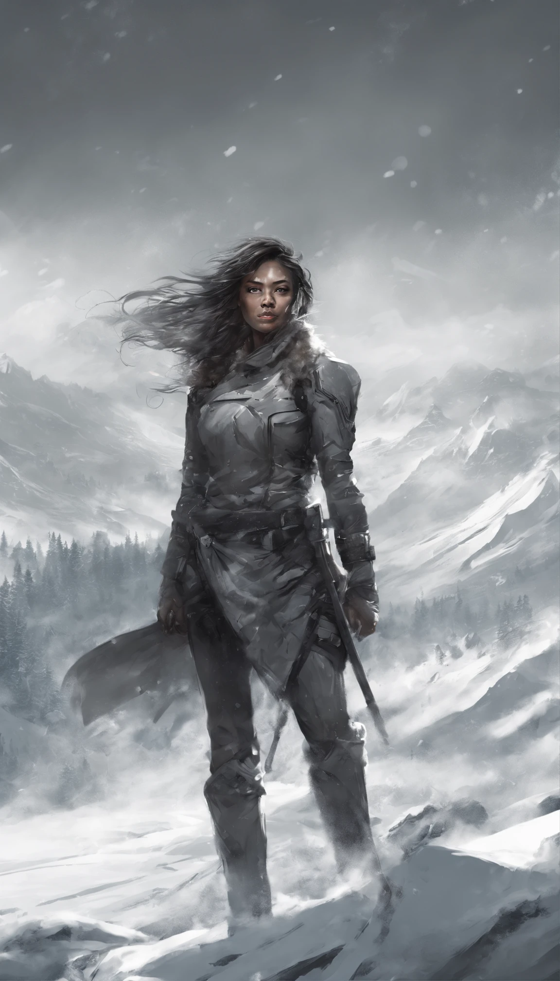 Step into the future with this incredible image of a young girl, only seventeen years old, in a mountain snow,but already a force to be reckoned with. Dynamic pose . She is tall and proud. The level of detail in this black and white drawing is astounding, with every aspect of the girl and her surroundings expertly rendered. This dynamic, full body illustration is sure to leave a lasting impressive . Complete body. Dramatic. Detailed face, High Details, photographie, volumetric light, Nikon D850, 50 mm, f/1.4