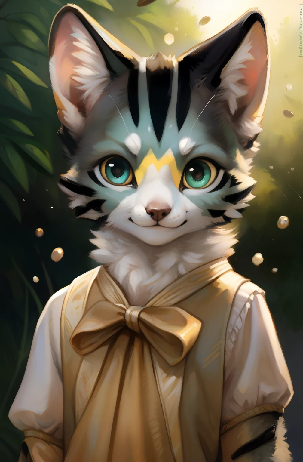 by Kenket, by totesfleisch8, (by thebigslick, author:Silver Fox 5213:0.8), (By Syuro:0.2), (by Qupostuv35:1.2), Depth of field, Perfect lighting, Light particles, puff_Sam,1girll, Furry, Masterpiece, Best quality, Solo, fur, (Detailed eyes), ojou-sama pose, waterfallr, angle of view, Dusk, cropped arms, china dress, a cat tail, Upper body,grey tabby cat,The forehead has a yellow pattern