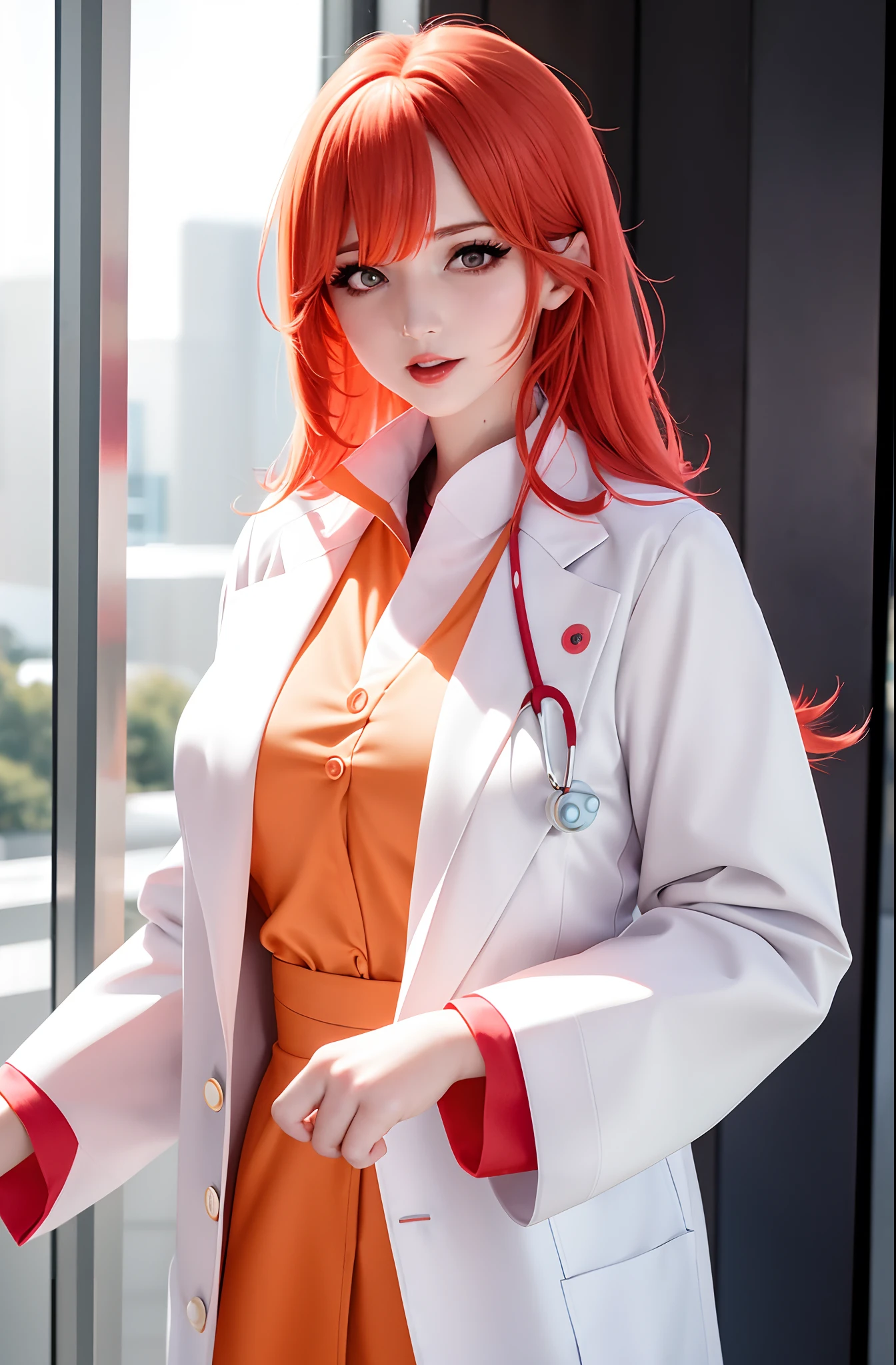 a close up of a woman with a red hair wearing a white coat, wearing lab coat and a blouse, anime cosplay, professional cosplay, anime girl cosplay, ayaka cosplay, leeloo outfit, anime girl in real life, with a lab coat, full-cosplay, anime-style, realistic cosplay, doctor, cosplay, as an anime character, (doctor)