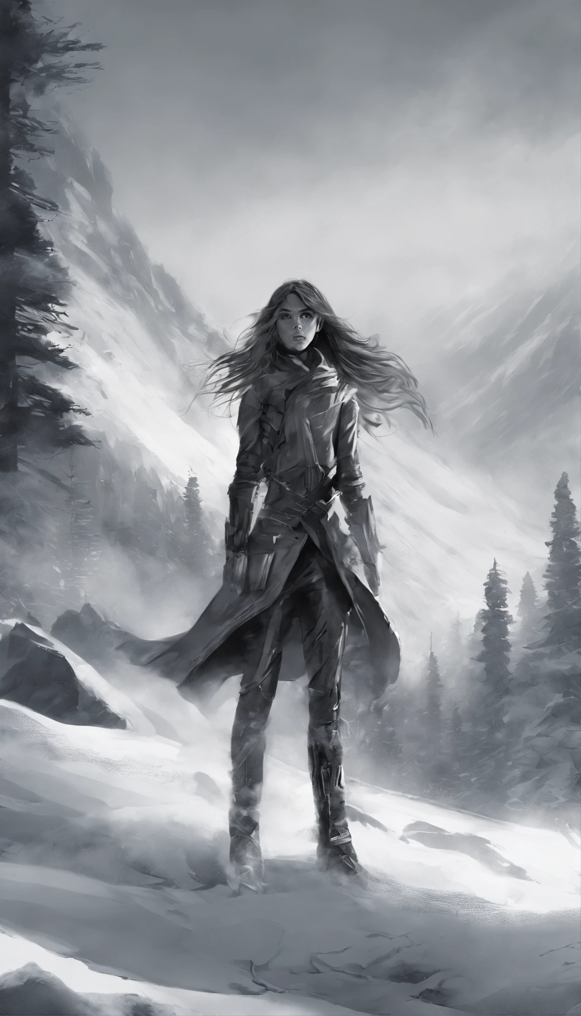 Step into the future with this incredible image of a young girl, only seventeen years old, in a mountain snow,but already a force to be reckoned with. Dynamic pose . She is tall and proud. The level of detail in this black and white drawing is astounding, with every aspect of the girl and her surroundings expertly rendered. This dynamic, full body illustration is sure to leave a lasting impressive . Complete body. Dramatic. Detailed face, High Details, photographie, volumetric light, Nikon D850, 50 mm, f/1.4