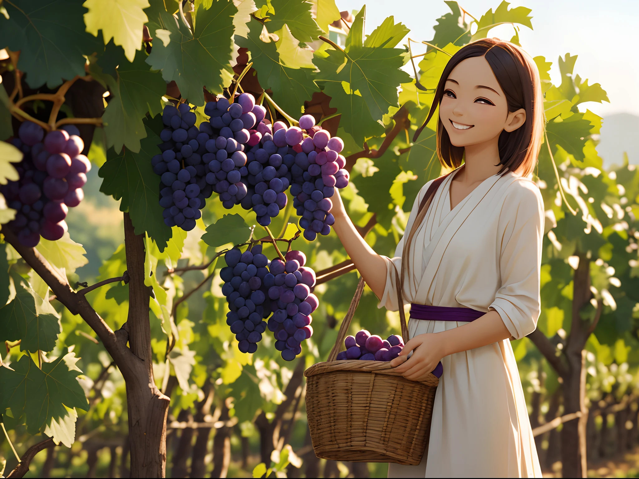 Octane Render、(Hyper-detailing: 1.15)、(Soft light、sharp: 1.2)、morning、Harvesting grapes, Enjoy grape picking、Distinctive ethnic hair ornaments、 Fuji Film, F/4.0, masutepiece, Anatomically correct、A smile, radiant light