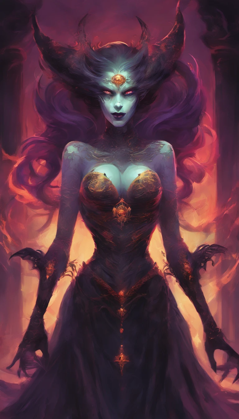 ghost-like blurred image of a beautiful buxom female daemon from the Hell, with curvaceous hourglass shape, with a cynical smile, exotic face, characteristic vivid hues, dark tones, dark shades, at night