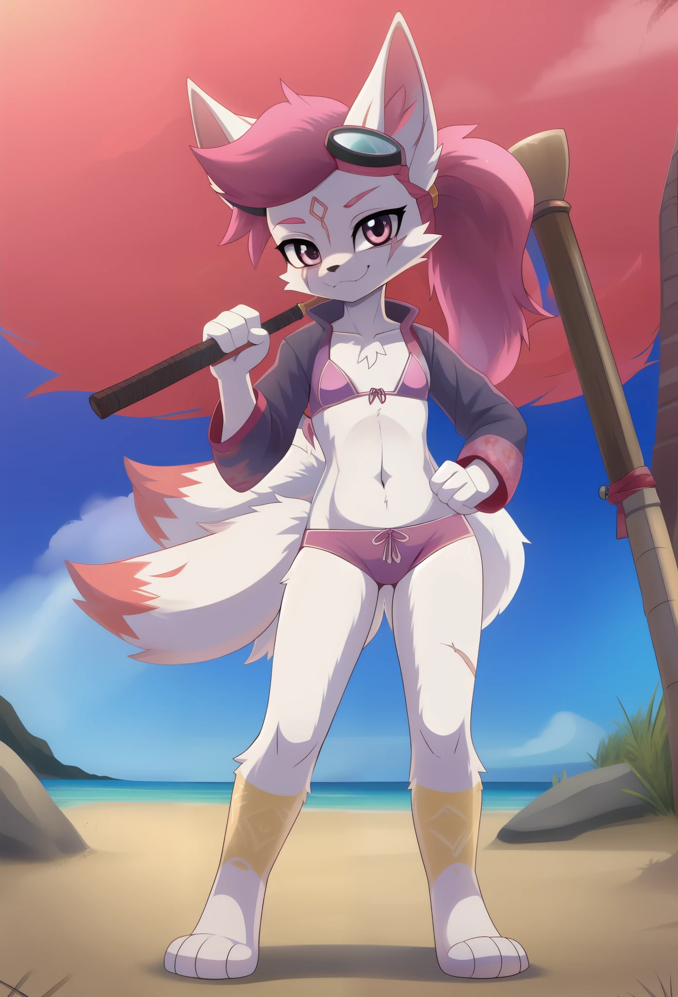kimiko, furry female anthro, fox girl, white body fur, Pink hair, paws whit three toes, Pink Jacket, open clothes, bikini, goggles, small breasts, detailed body fur, detailed body, detailed face, detailed eyes, glistering body, shiny body, skinny, :3, multiple tails, multi tail, solo, body fur, (best quality), detailed beach, clear sky, full body, cinematic lighting, looking at viewer, anime style, short ponytail, standing, scar on face, 2D, holding a katana, katana sword, fang,