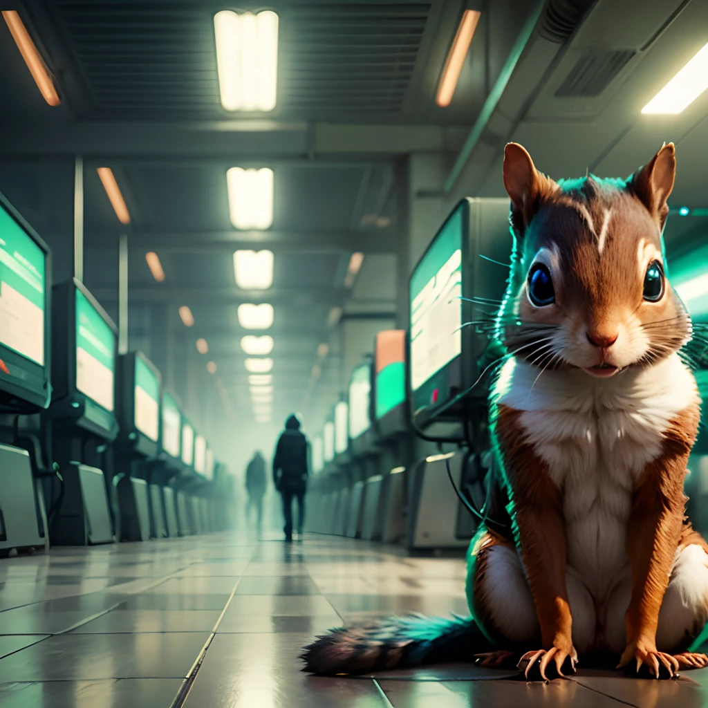 grevious squirrel on network servers. grey, green, matrix style, cyberpunk style --auto --s2