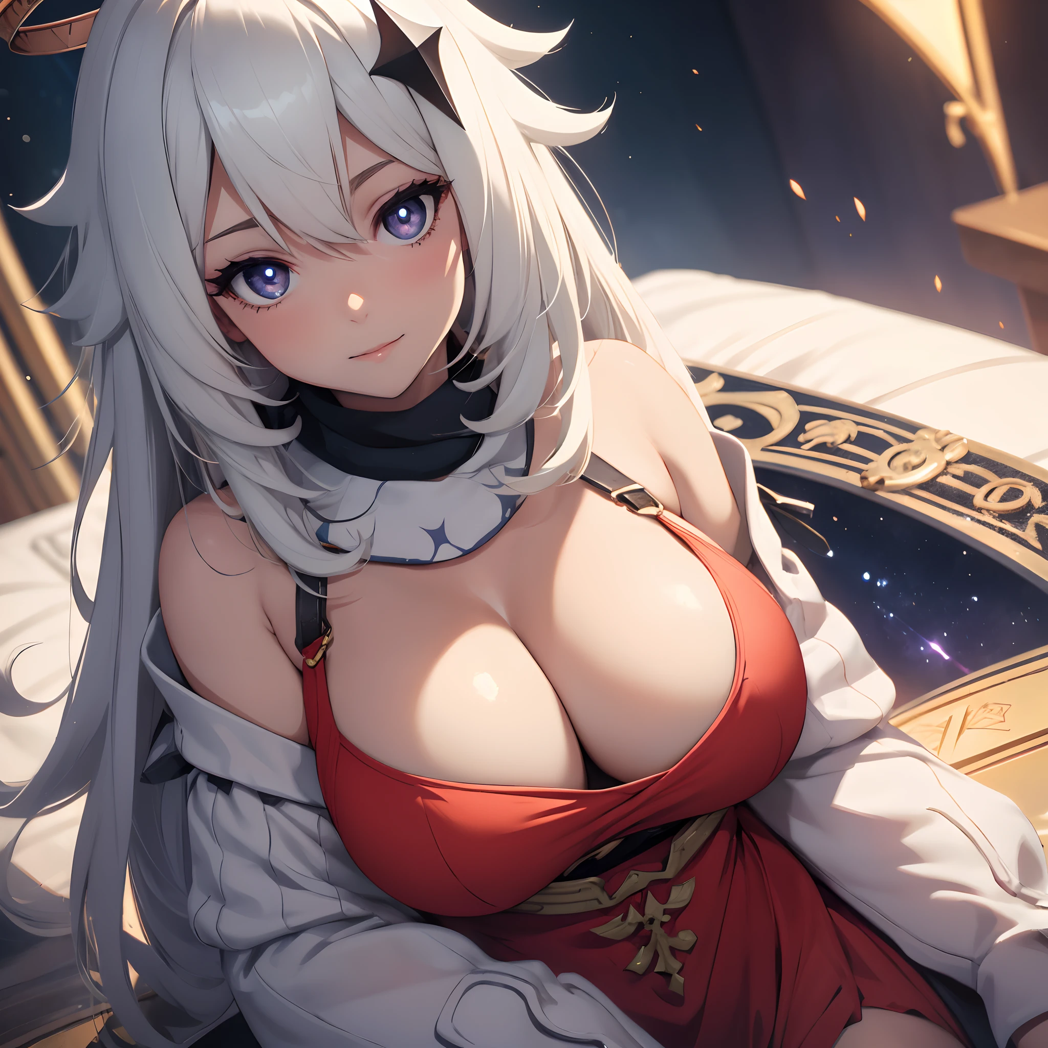 one-girl，the original god，Paimon，Large breasts，cleavage，Be red in the face，Close-up shot，sportrait，looks into camera，ssmile，