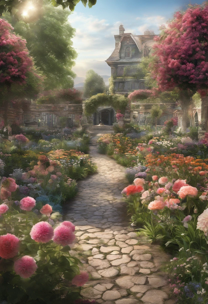 Together with the shining sun, it creates a realistic landscape of a beautiful flower garden.