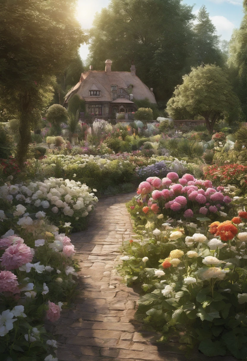 Together with the shining sun, it creates a realistic landscape of a beautiful flower garden.