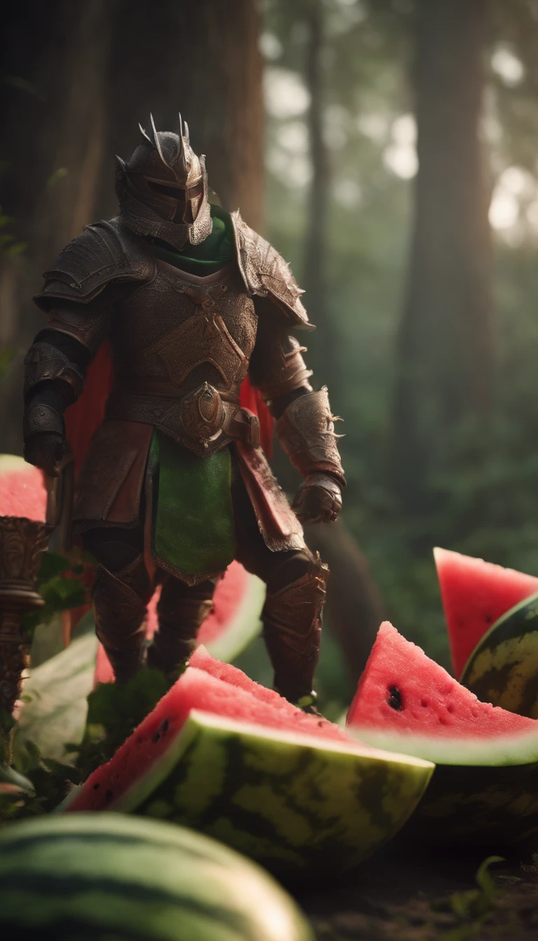 Fantasy World Watermelon Monster Knight，中景 the scene is，Full body like， highly detailed surreal vfx，oc rendered，Shot with 70 mm - AR 16:9 --q 2 --s 1000