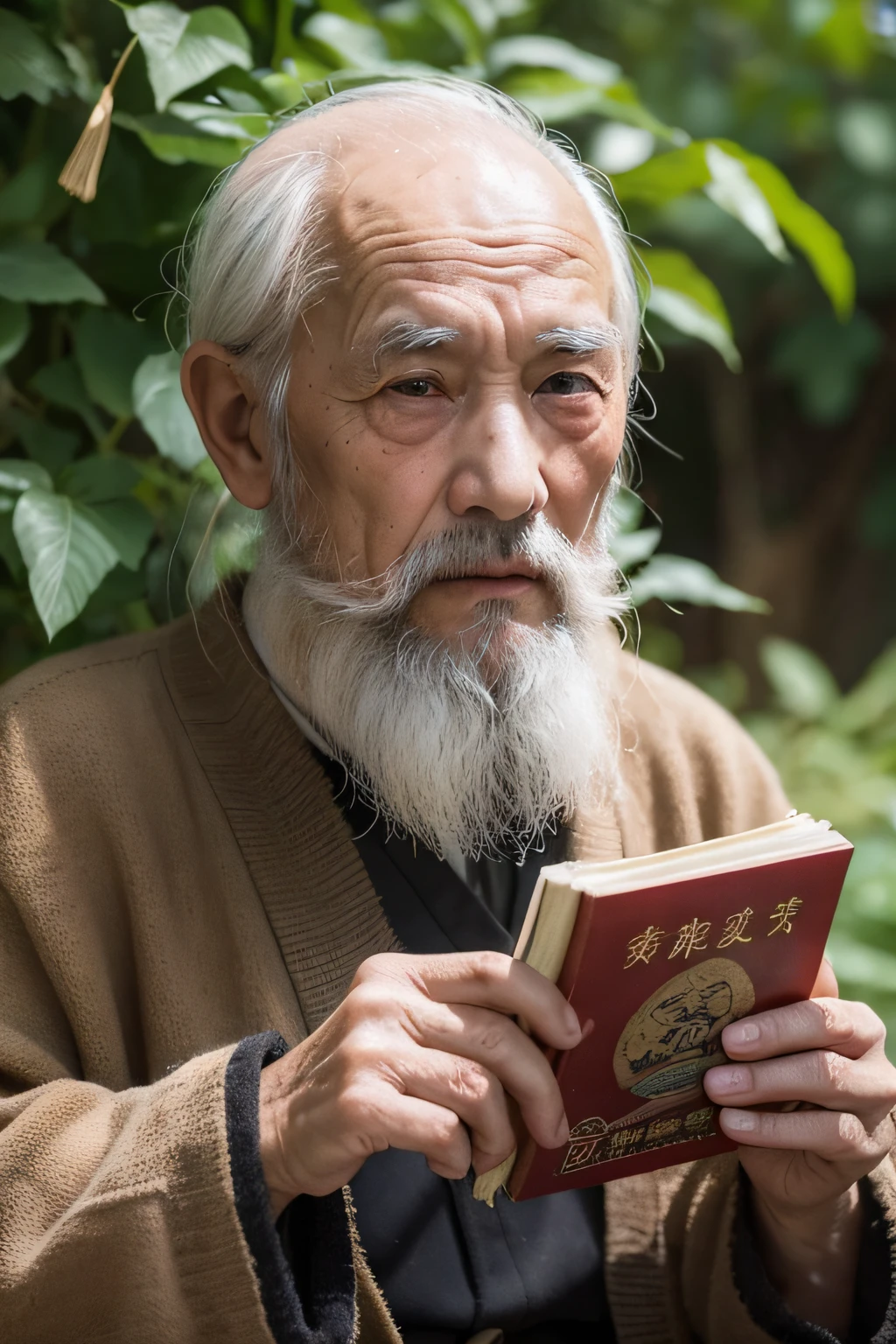 An old man with traditional Chinese thinking，Real frontal photos，Authentic background，The background is nature，holding books，worn-out clothing，Face full of wrinkles，80 years old Chinese medicine practitioner，Wise eyes，The beard is white，male people，country style，Leave the top of your head empty