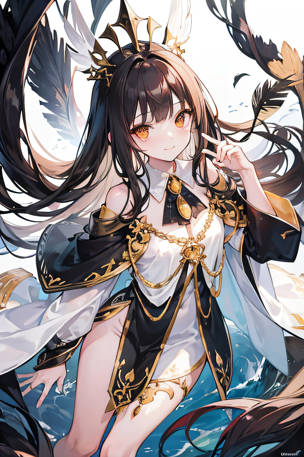 Black and white robes,Golden eyes,feather-adorned,brunette color hair,With a petite figure,quill,Water sleeves,Bare legged,cropped shoulders,Sweet smiling,long whitr hair