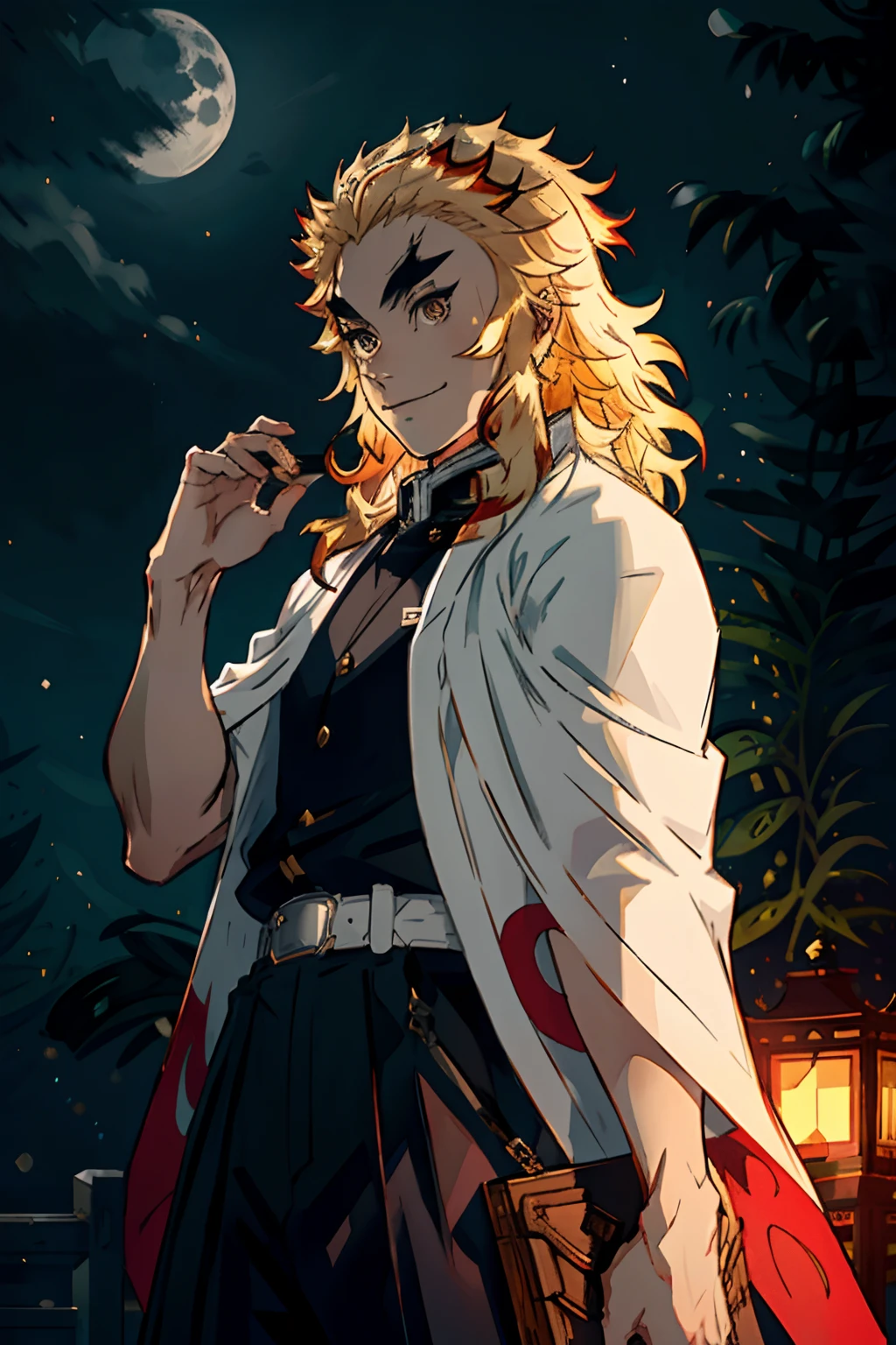 Renseki Kyojuro, 1boy, Blonde hair, Thick eyebrows, Smile, demon slayer uniform, white cape, Frame Print, Black jacket, Belt bag, Black pants, Upper body, Night, fullmoon