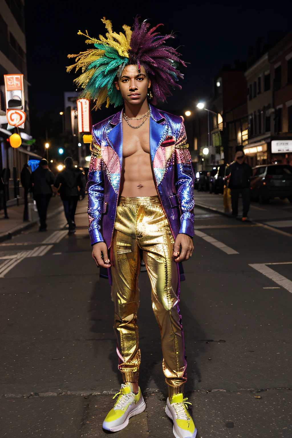 A realistic on the street dressed in a very flashy and colorful extravagant way. Other aliens look at him strangely