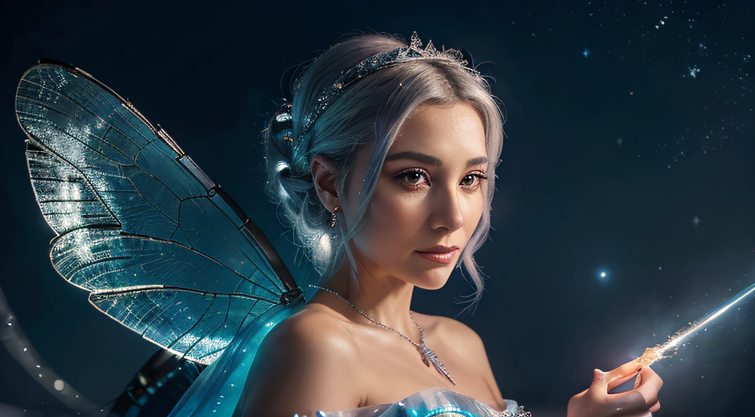 Una mujer de edad avanzada con rostro amable y ojos brillantes. She wears a long pale blue dress adorned with silver crescent stars and moon. A translucent cape covers his shoulders. Her white hair is tied up in a high bun. He holds a golden magic wand with a star at the tip. She is surrounded by a twinkling aura that radiates magic. Its transparent dragonfly wings glow in the moonlight. La imagen irradia bondad y encanto. Portrait of Cinderella's Fairy Godmother Painted in Classic Disney Style.