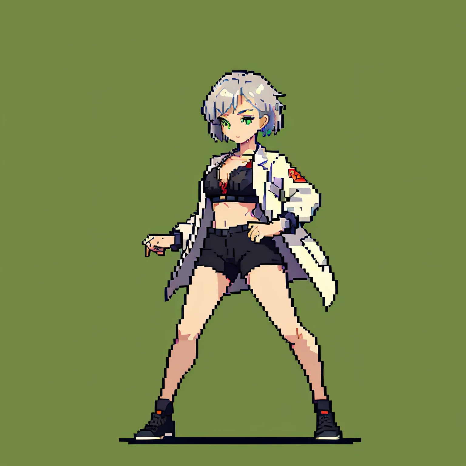 (masterpiece, top quality, best quality, less detail, 8-bit color), pixel,pixel art, lab coat,full body, attack pose, US style, poor jacket, game asset, silver hair, bra on top, short pant, centered on the face, intricate eyes, green background