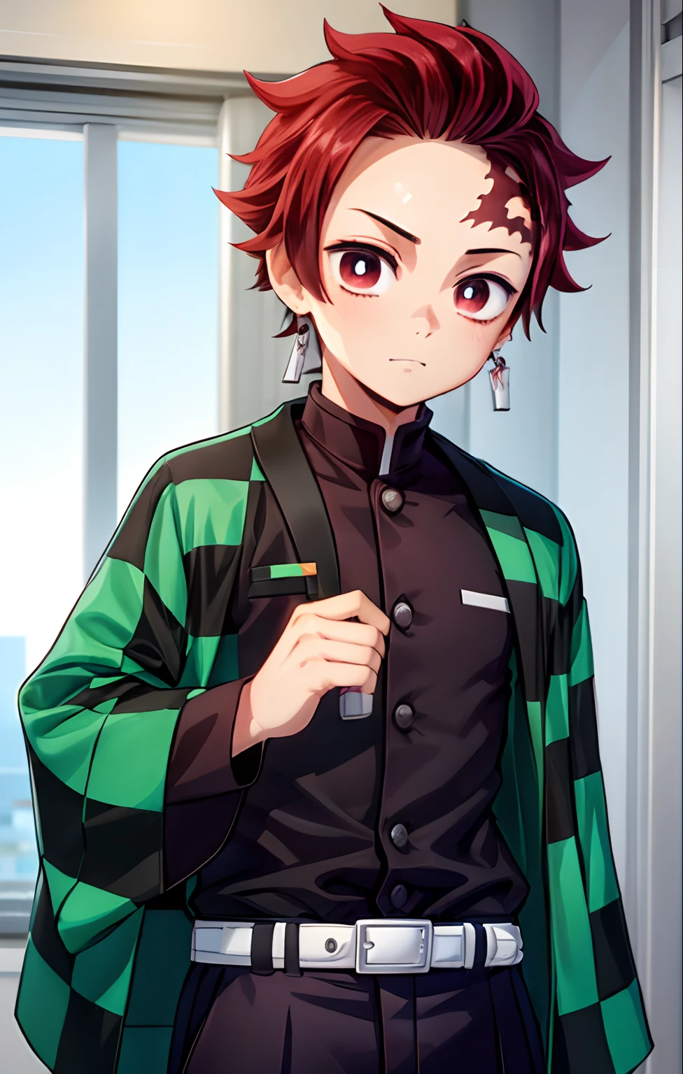 (1 boy:1.4),(Male face details:1.4),eye detailed,Cute,Looking at Viewer, Ad Label Boy,Cute face,Description Empty,Handsome,年轻,Juvenile,((masutepiece:1.4,Best Quality)),Multiple details, eyeshadows,SFW, Full Shot, Green Valley,
(Tanjiro), (Original outfit), (Scar,scar on forehead, Checkered clothing, 1boy, Red hair),Green and black clothes,