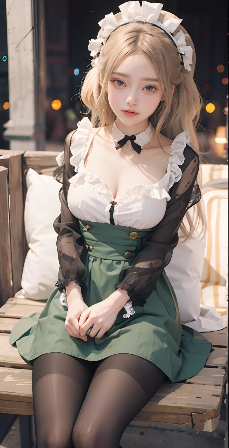 green lolita fashion, Wide collar with plenty of frills, The hem of a skirt with lots of frills, thick decorative belt at the waist、bangss, s lips、without makeup、short eyelashes、watching at viewers、A smile、Photorealsitic、high-level image quality、masutepiece, Best Quality, 8K, Beautie、Fine details