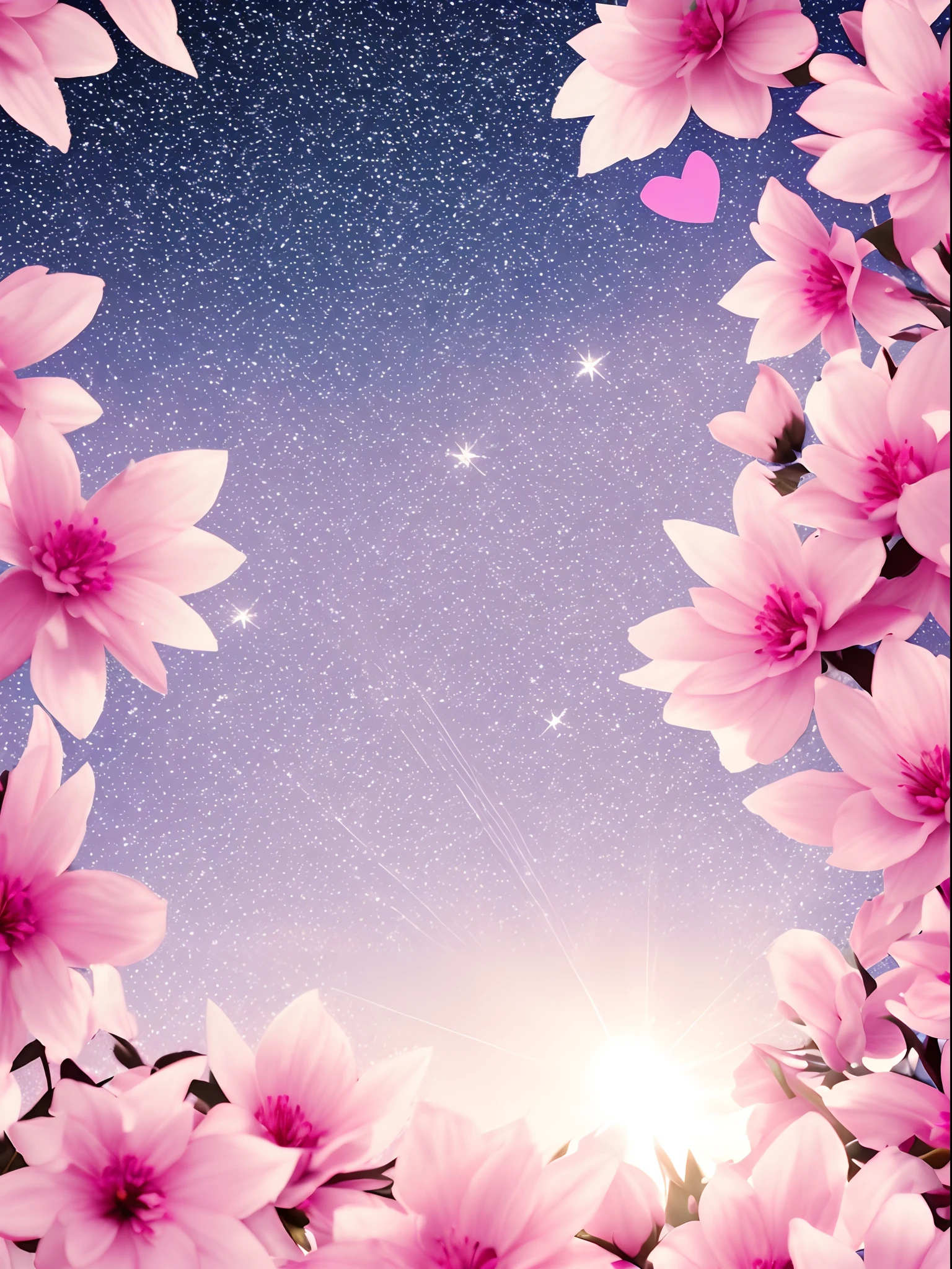 Center of light in clouds in the midday sky. Bright pink and white gradient background,Littered with small heart-shaped confetti and shining stars. The edges are surrounded by fresh petals