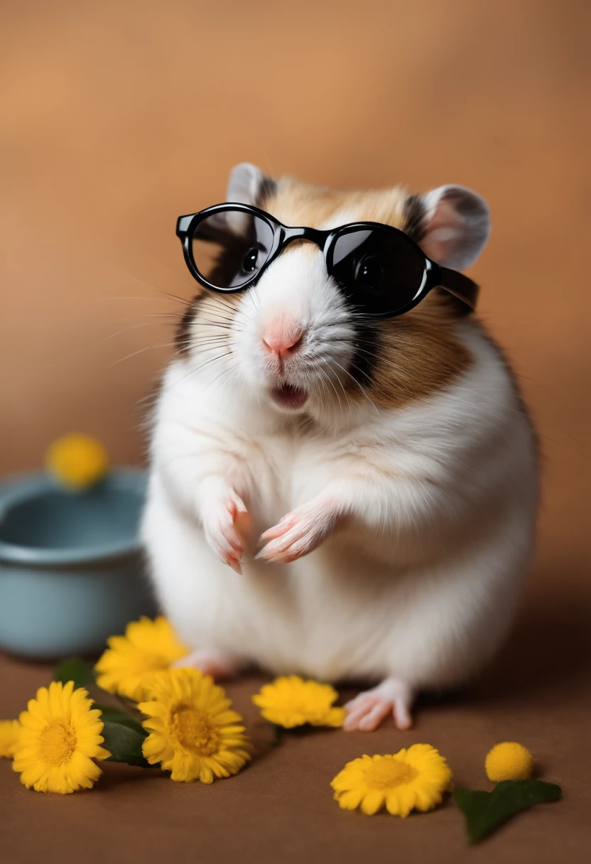 hamster amarillo con gafas de sol negras apoyado de pie parando con una mano una rueda grande de color blanco