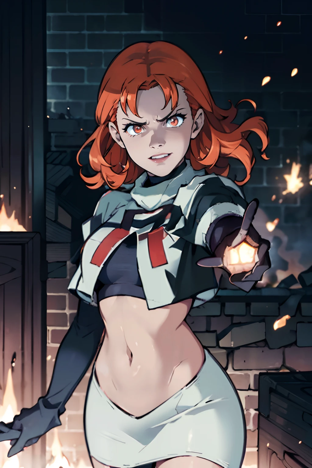 (best quality,4k,8k,highres,masterpiece:1.2),ultra-detailed,(realistic,photorealistic,photo-realistic:1.37),annette_war,team rocket,team rocket uniform,red letter R,white skirt,white crop top,black thigh-highs,black elbow gloves,brainwashing viewer,microphone in hand,evil laugh,dark villainous aura,sinister smile,fiery orange hair,contagious laugh,mischievous expression,sinister backdrop,menacing shadows,glowing eyes,explosive sound effects,captivating performance,ominous atmosphere,nail-biting suspense,smoke and sparks,energetic stage presence,magnificent evil genius,vocal performance,spellbinding showmanship,commanding presence,mesmerizing spectators,grandiose pyrotechnics,show-stopping performance,dramatic lighting,compelling narrative,crowd roaring,devious plans,devilish charisma,menacing gestures