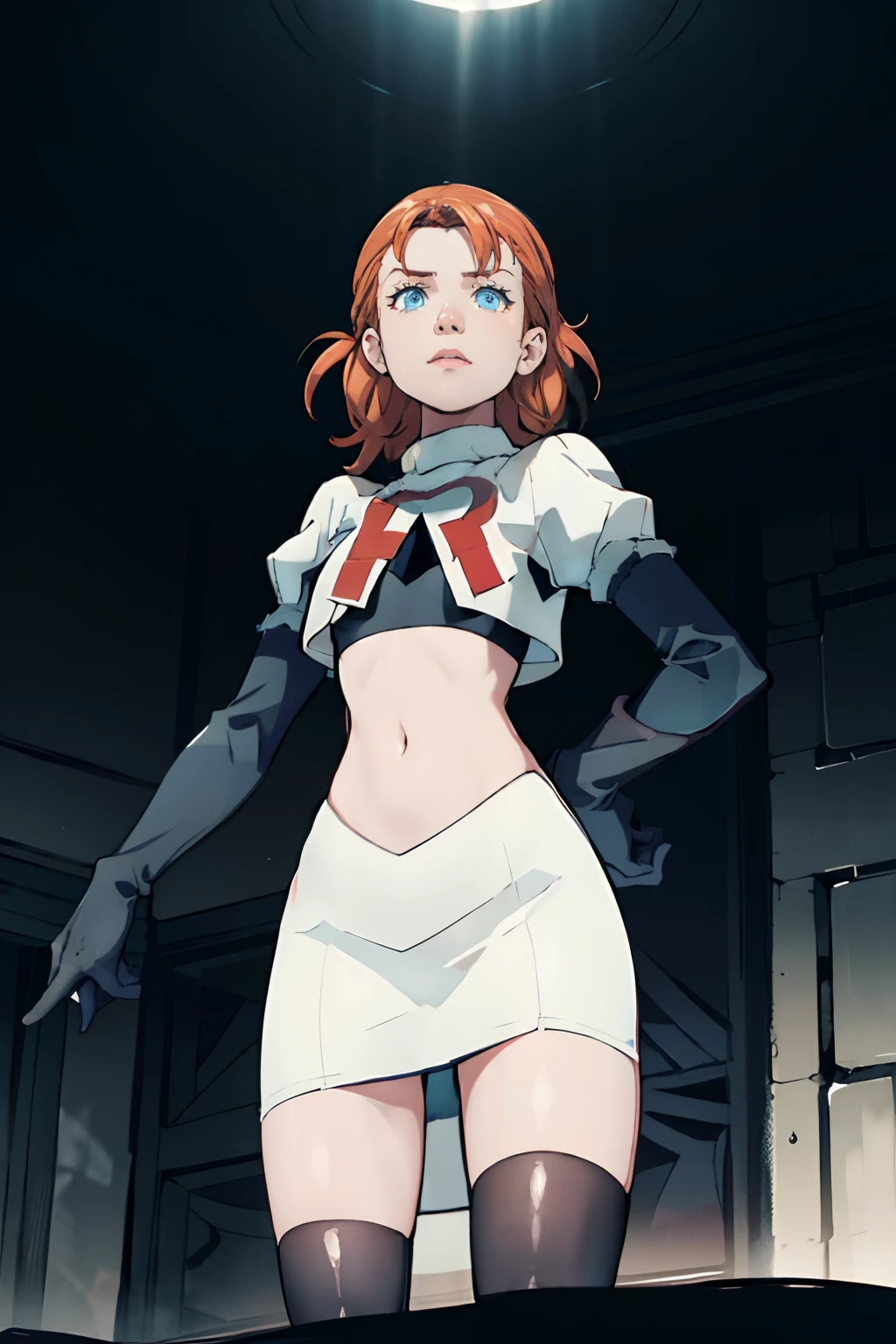 Annette War is wearing the Team Rocket uniform, which consists of a white skirt and a white crop top. She completes her outfit with black thigh-highs and black elbow gloves. The uniform prominently features a red letter R on the chest. Annette War is standing on a stage, looking down at a crowd of people. In her hand, she holds a microphone, which she uses to brainwash the audience with her captivating voice. The scene is illuminated by stage lights, casting a dramatic glow on Annette and the crowd. The artwork should have the best quality and resolution, with vibrant colors and ultra-detailed elements. The overall style of the image should reflect a mix of portraits and concept art, creating a visually stunning piece. The color palette should emphasize the contrasting red and white colors of the Team Rocket uniform, creating an eye-catching composition.