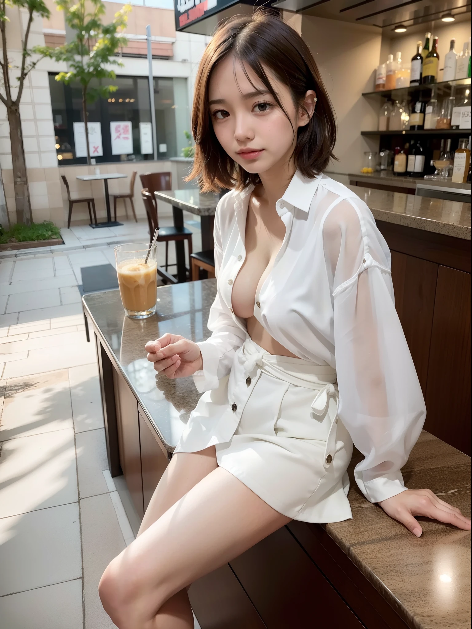 ((of the highest quality, 8K, masutepiece: 1.3, Raw photo)), Sharp Focus: 1.2, (1 AESPA Girl :1.1), Solo, (Realistic, Photorealistic: 1.37), (Face Focus: 1.1), Cute face, hyperdetailed face, (short messy hair: 1.2), Small Smile, Small breasts, flat chest, full nude, white chiffon shirt, Thigh, cafe, bar, flower, lily