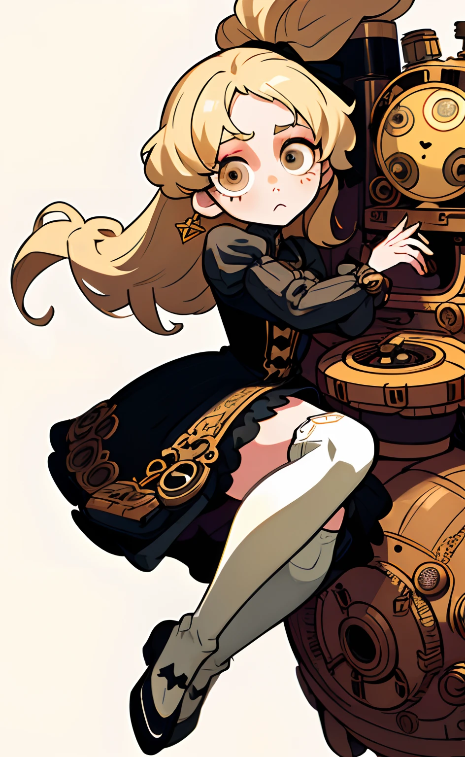 1GIRL, robot girl, cute girl, finely detailed, (best quality), (intricate details), cute style, li, clockwork style, steampunk,multicolored, ((long blonde hair in long ponytail)), best quality, ((short puffy long sleeve dress)), ((black dress)), ((white thigh high socks)), ((round eyes)), beautiful face, cute face, pinup, perfect face, simple background