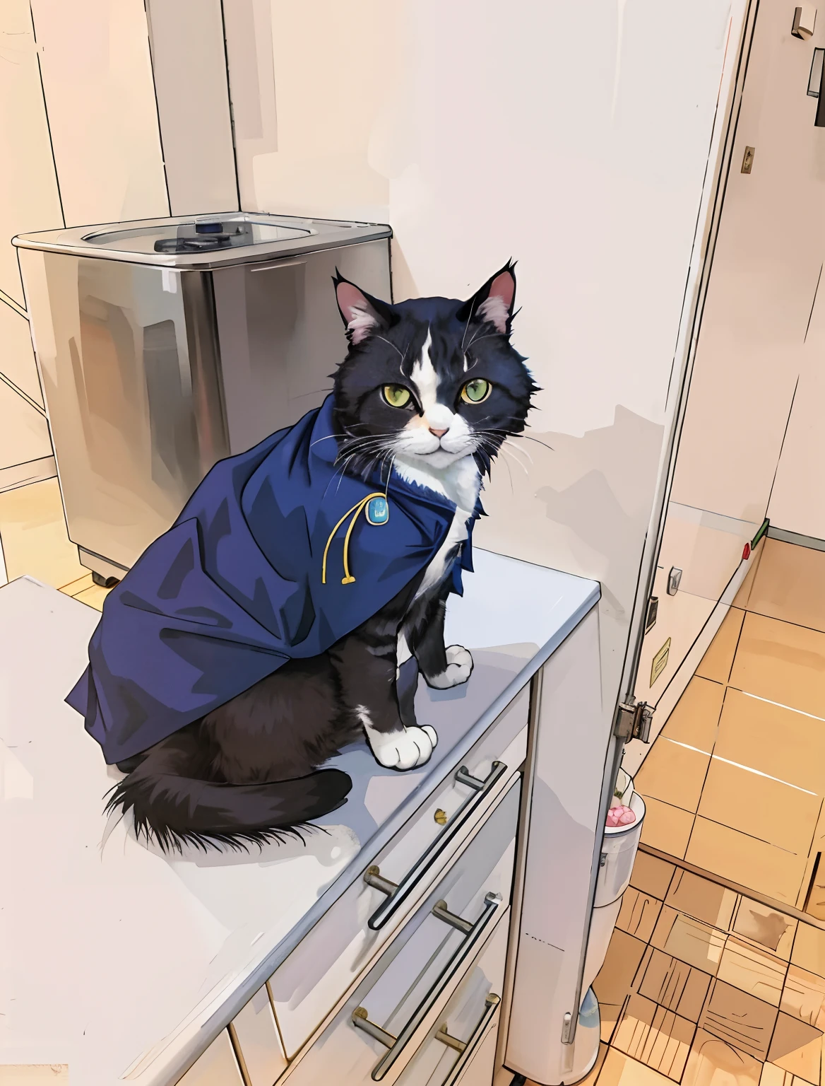 there is a cat sitting on a kitchen counter wearing a blue coat, anime visual of a cute cat, by Tomioka Tessai, anime cat, sora as a cat, anthropomorphic cat ninja, realistic anime cat, anthropomorphic cat, dressed in a blue cloak, by Kose Kanaoka, an anthro cat, full color illustration