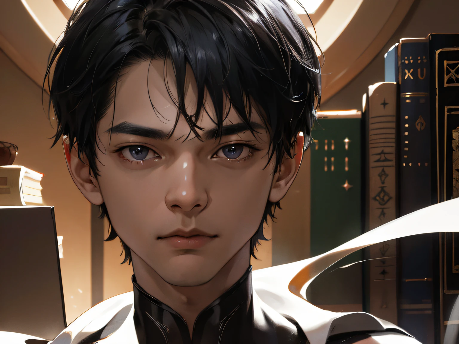 (absurdres, highres, ultra detailed), 1 boy, black hair, black eyes, finely detailed eyes and detailed face, extremely detailed CG unity 8k wallpaper, intricate details, portrait, looking at viewer, solo, (full body:0.6), detailed background, detailed face, (matrix theme:1.1) study room, books (holographic display:1.05), study room in background, dark sinister atmosphere, , portrait, wind swirling