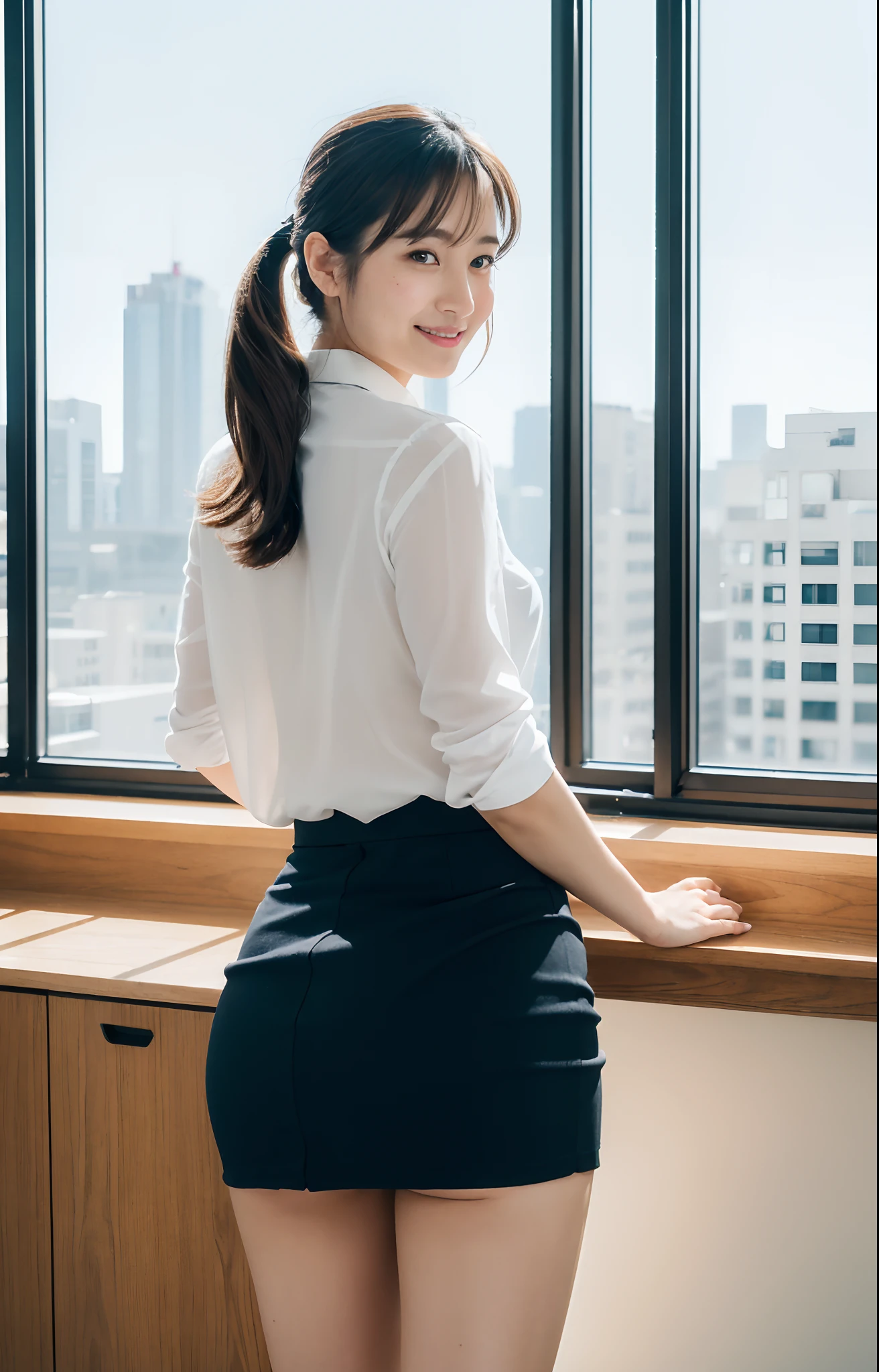 Woman in a suit,((30-year-old woman))、Big Breasts、Dark brown hair color、Hairstyles with bangr.々Hair style、Hair styles of different lengths、(8k, RAW Photos, highest quality, Tabletop: 1.2),、(Realistic, Realistic: 1.3), Cityscape, Day, Sunny Morning, Professional Lighting, Photon Mapping, shirt, (Woman in a suit,) Silk Suit、Pencil Skirt、Tight Skirt、((Delicate photo)),(RAW Photos), (Tabletop:1.25), (highest quality:1.6), (high resolution:1.5), (Realistic:1.75), 8K resolution, Canon EOS R5, 50mm, Absurd, Super detailed,Cinema Lighting,(Skirt flip:1.2)、Browsing Caution:1.1、the wind is strong、smile、I flipped up my long skirt、sexy panties,(from back:1.3) ,(from behind)