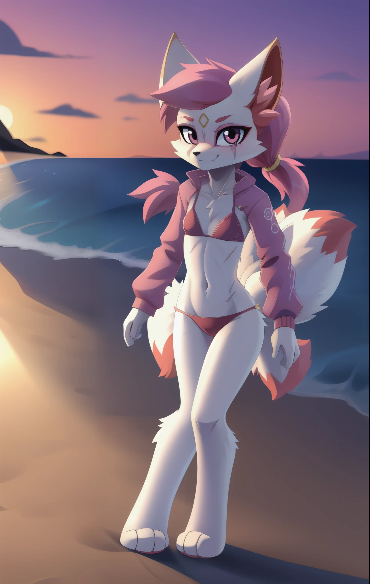 kimiko, furry female anthro, fox girl, white body fur, Pink hair, paws whit three toes, Pink Jacket, open clothes, bikini, goggles, small breasts, detailed body fur, detailed body, detailed face, detailed eyes, glistering body, shiny body, skinny, :3, multiple tails, multi tail, solo, body fur, (best quality), detailed beach, clear sky, full body, cinematic lighting, looking at viewer, anime style, short ponytail, standing, scar on face, 2D, fang,