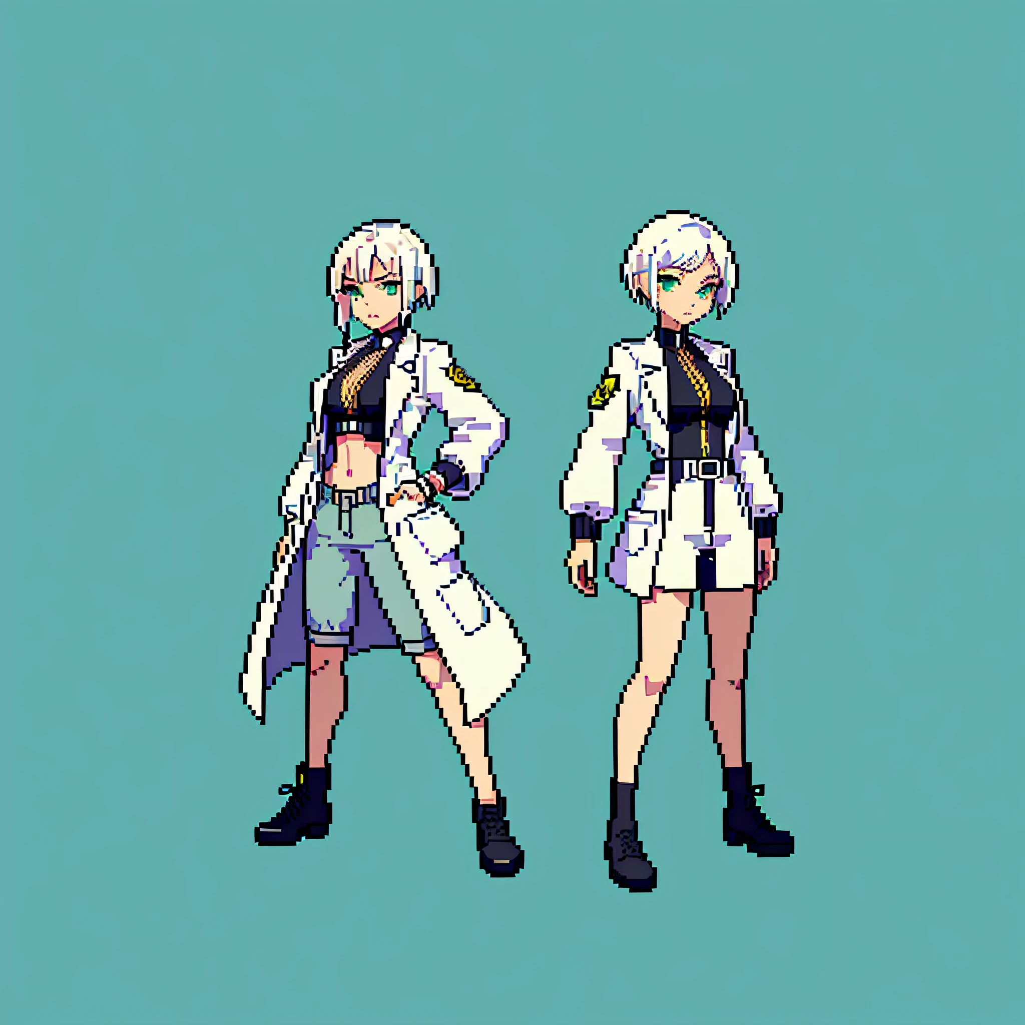 (masterpiece, top quality, best quality, less detail, 8-bit color), pixel,pixel art, lab coat,full body, attack pose, US style, poor jacket, game asset, silver hair, bra on top, short pant, centered on the face, intricate eyes, green background