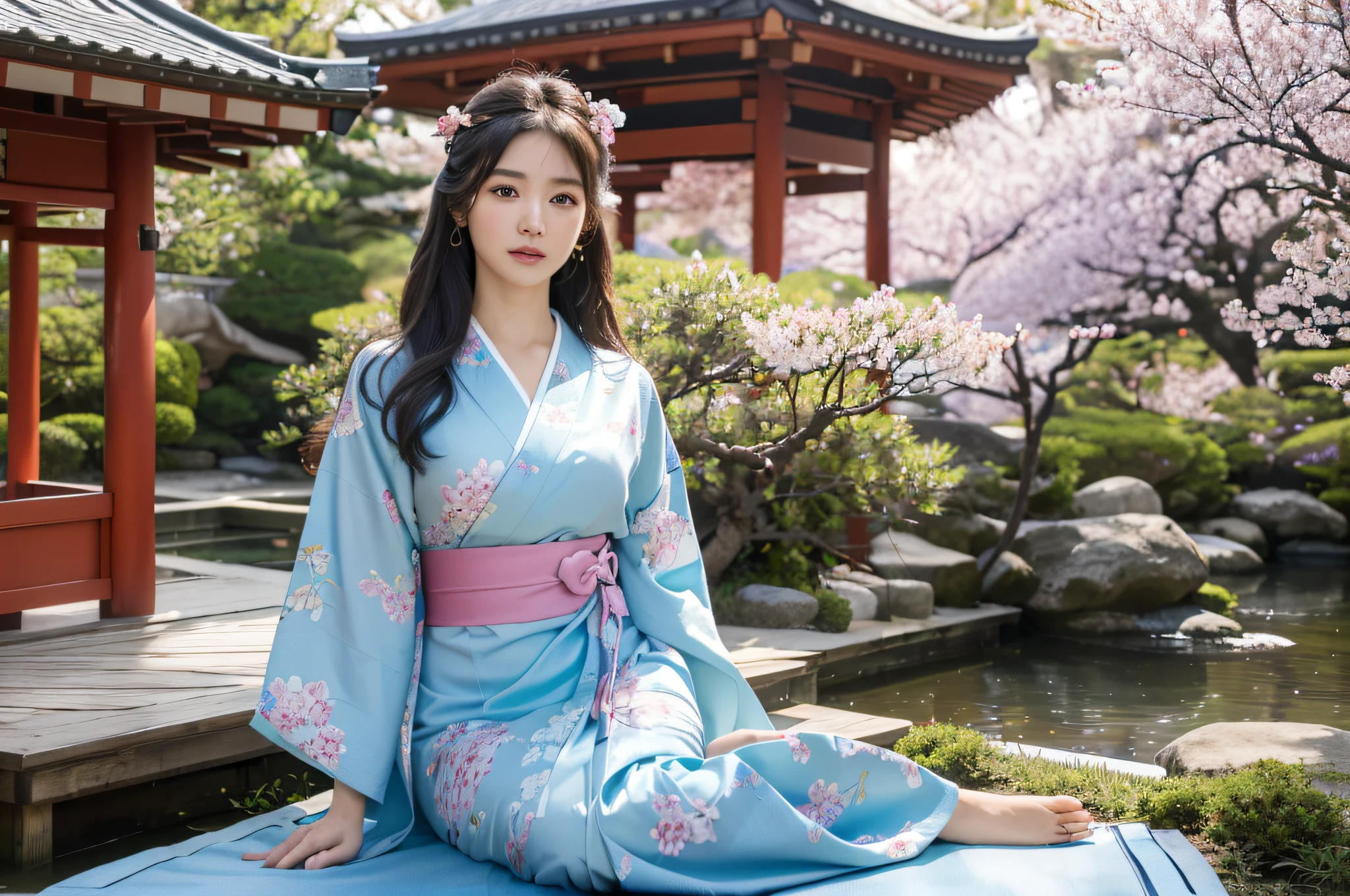 (best quality,4k,8k,highres,masterpiece:1.2), ultra-detailed, (realistic,photorealistic,photo-realistic:1.37), HDR, UHD, (1girl), long dark hair, delicate face, wearing a light blue kimono with colorful floral motif, elaborate designs, (sitting in a gazebo on the tatami amidst a beautiful japanese garden with cherry blossoms)