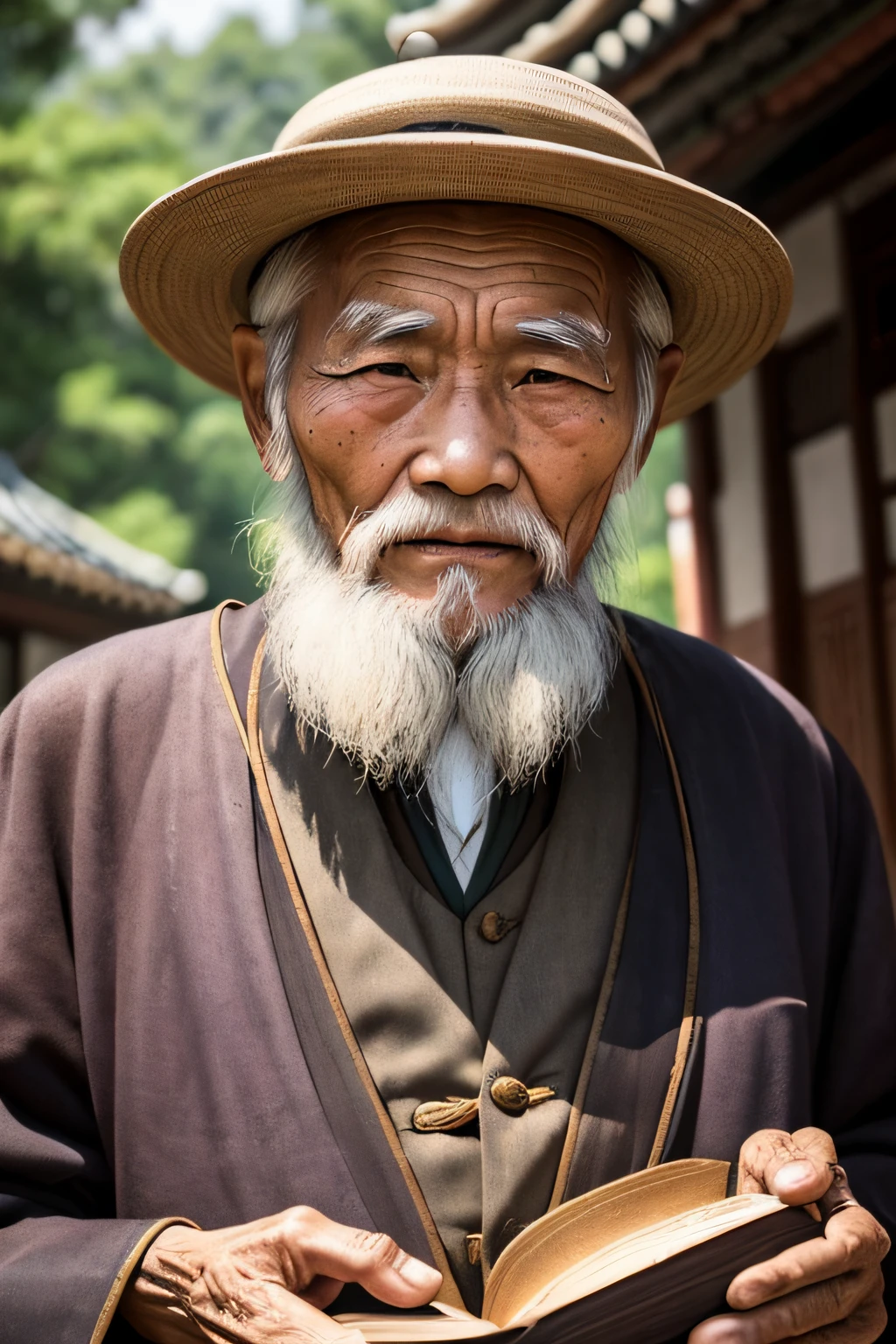 An old man with traditional Chinese thinking，Real frontal photos，Authentic background，The background is nature，holding books，worn-out clothing，Face full of wrinkles，80 years old Chinese medicine practitioner，Wise eyes，The beard is white，male people，country style，Leave the top of your head empty
