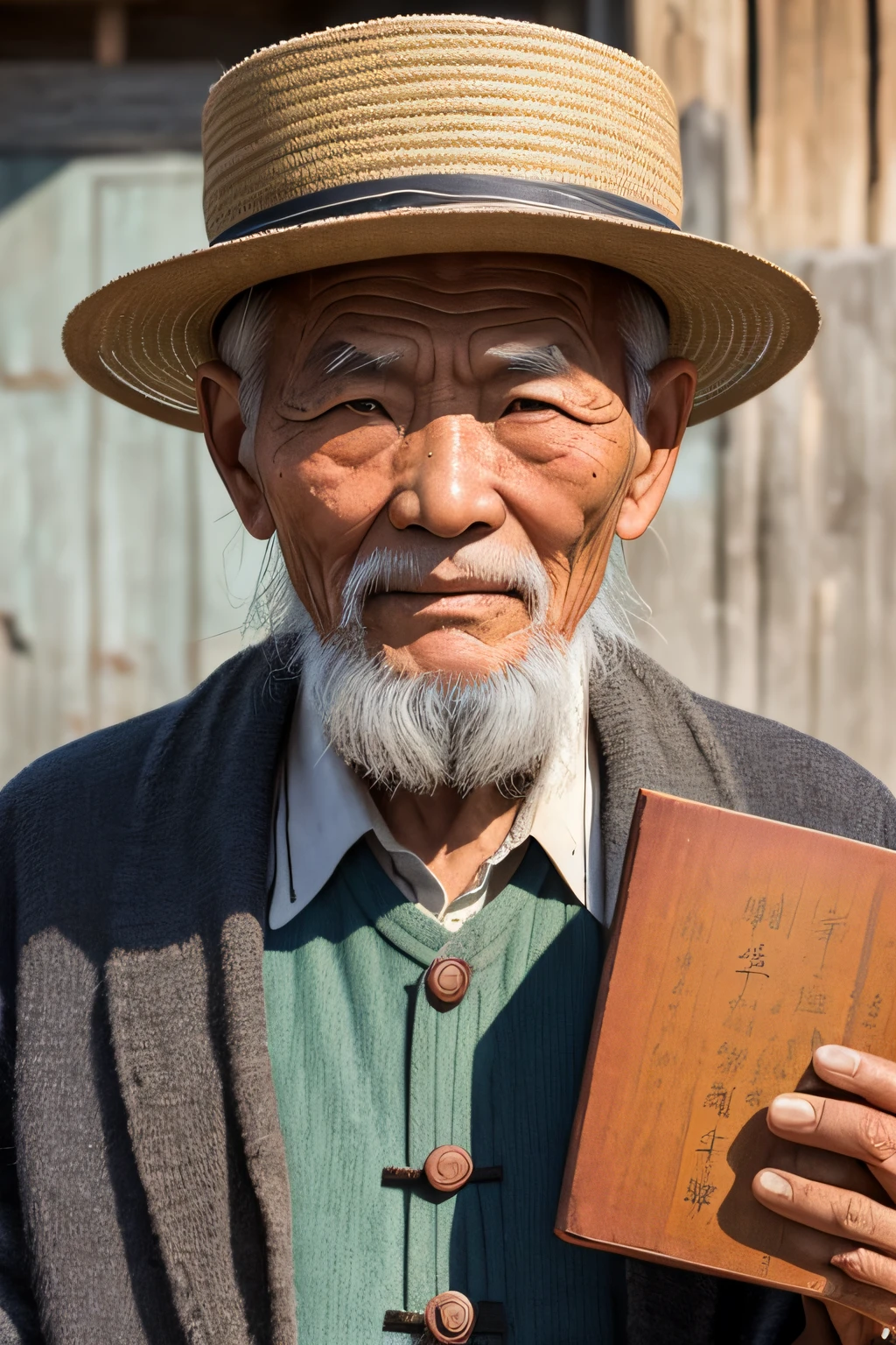 An old man with traditional Chinese thinking,Real frontal photos,Authentic background,The background is nature,holding books,worn-out clothing,Face full of wrinkles,80 years old Chinese medicine practitioner,Wise eyes,The beard is white,male people,country style,Leave the top of your head empty