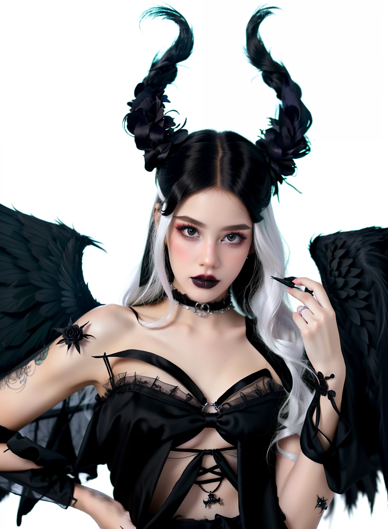 HighestQuali,tmasterpiece:1.2,Detailed details,1 Gothic girl,black lips,an angel dressed in black on a Halloween background, in the style of cluj school, flowerpunk, halloween, social media portraiture, high quality photo, quito school, honeycor,white hair