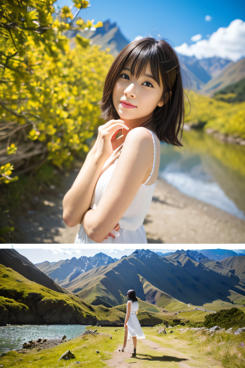 (masterpiece:1.3、high-level image quality、hightquality)、(Beautiful realistic Japan person:1.3),(perfect anatomia、Beautiful perfect limbs、Beautiful skin、Healthy body),(Japanese actressl:1.3、late spring、cute little:1.3)、A dark-haired、bobhair、18year old、appearance、Engaging pose、、Gravure photography、professional photograpy、blows wind、Breath of the Mountains、serene landscape、Tender love、Neat and clean idol、New Zealand、