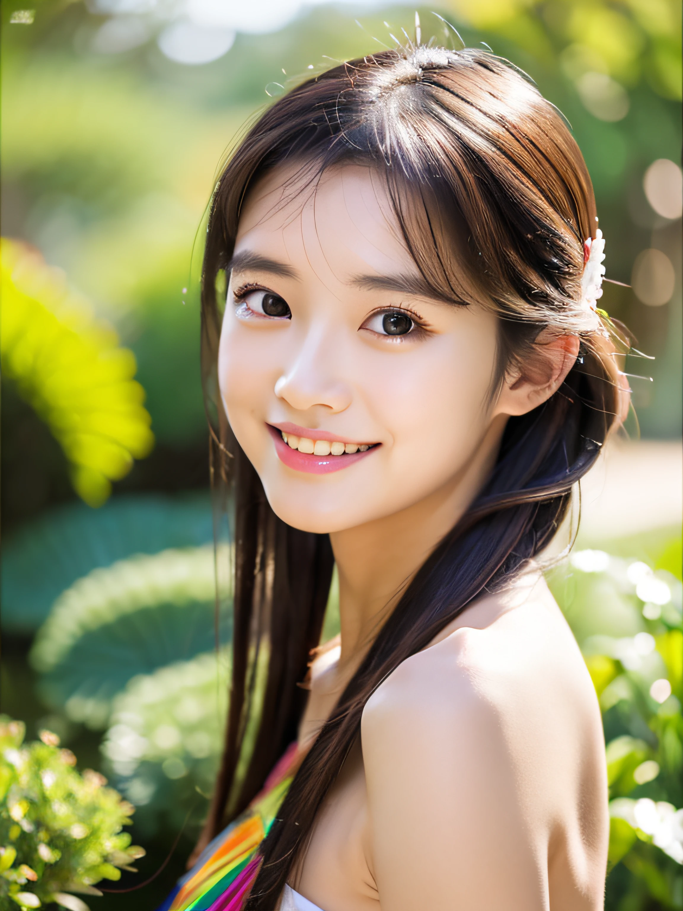 masutepiece, Best Quality, masutepiece, Godlike quality, Godlike art,Navel,Naked, Highly detailed face, Highly realistic, Cute, girl, Smiling, Big eyes, long eyelashes, multicolored hair, multicolored eyes, Shiny skin, Full lips, Big lips, Shiny skin, Blushing, Magnificent view,Full body photo taken by a professional photographer